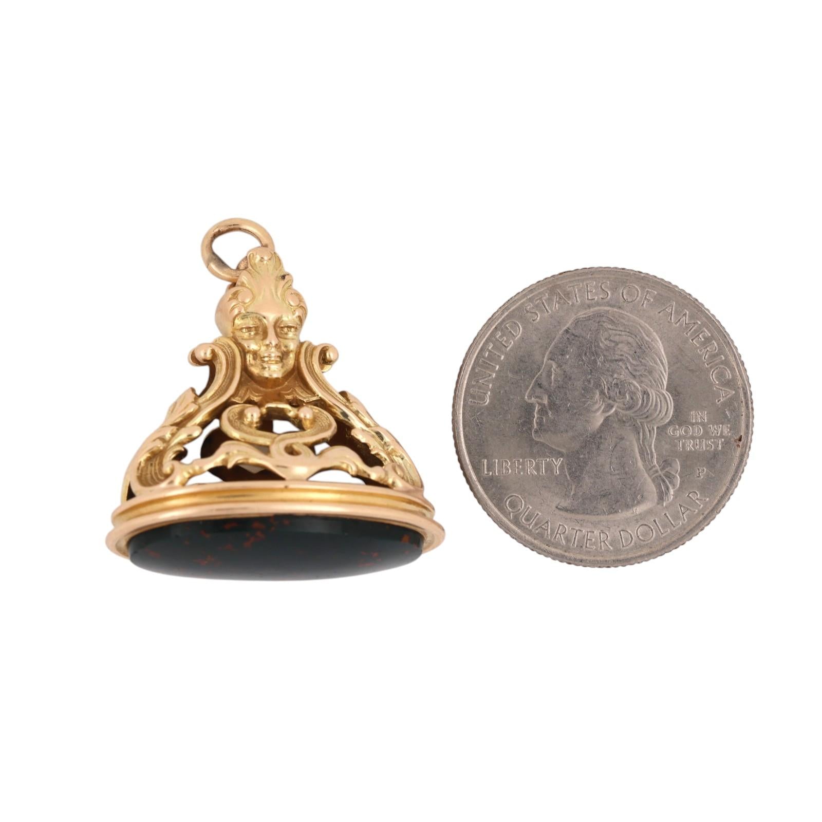 Antique Bloodstone Fob Pendant 14K Yellow Gold Figural Ornate Estate 12.3g