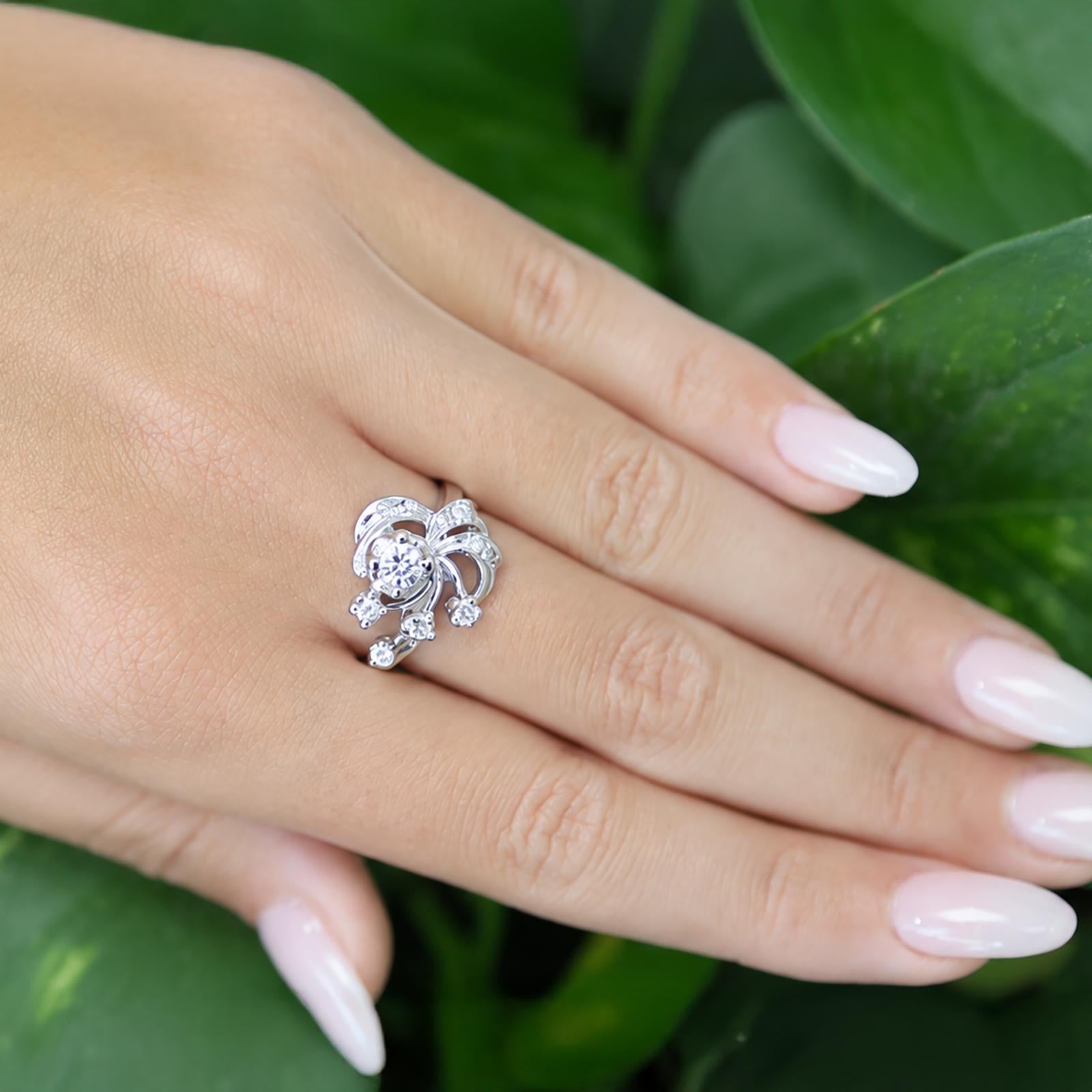 Vintage White Gold 0.43CTW Natural Diamond Bypass Swirl Engagement Ring Size 7.5