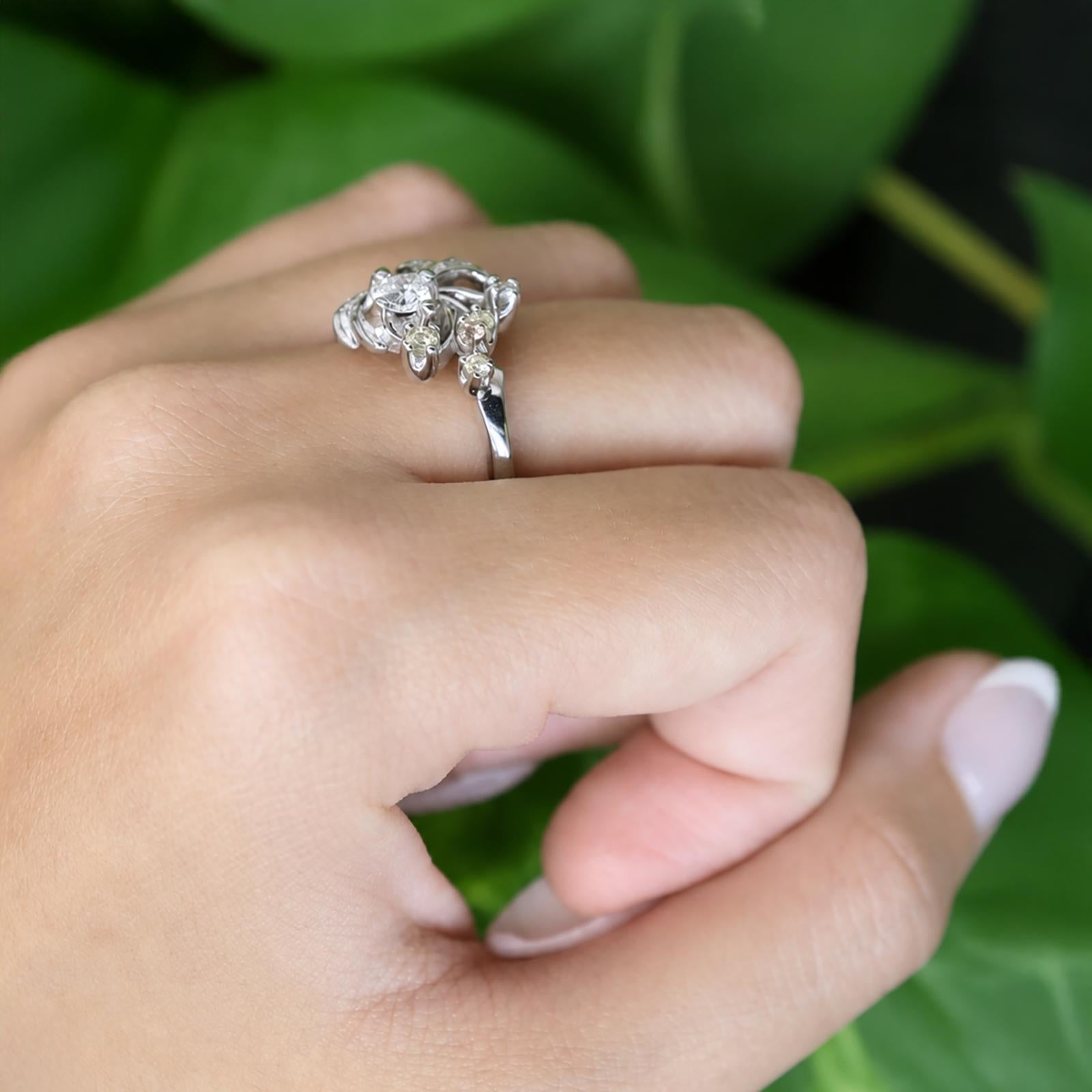Vintage White Gold 0.43CTW Natural Diamond Bypass Swirl Engagement Ring Size 7.5