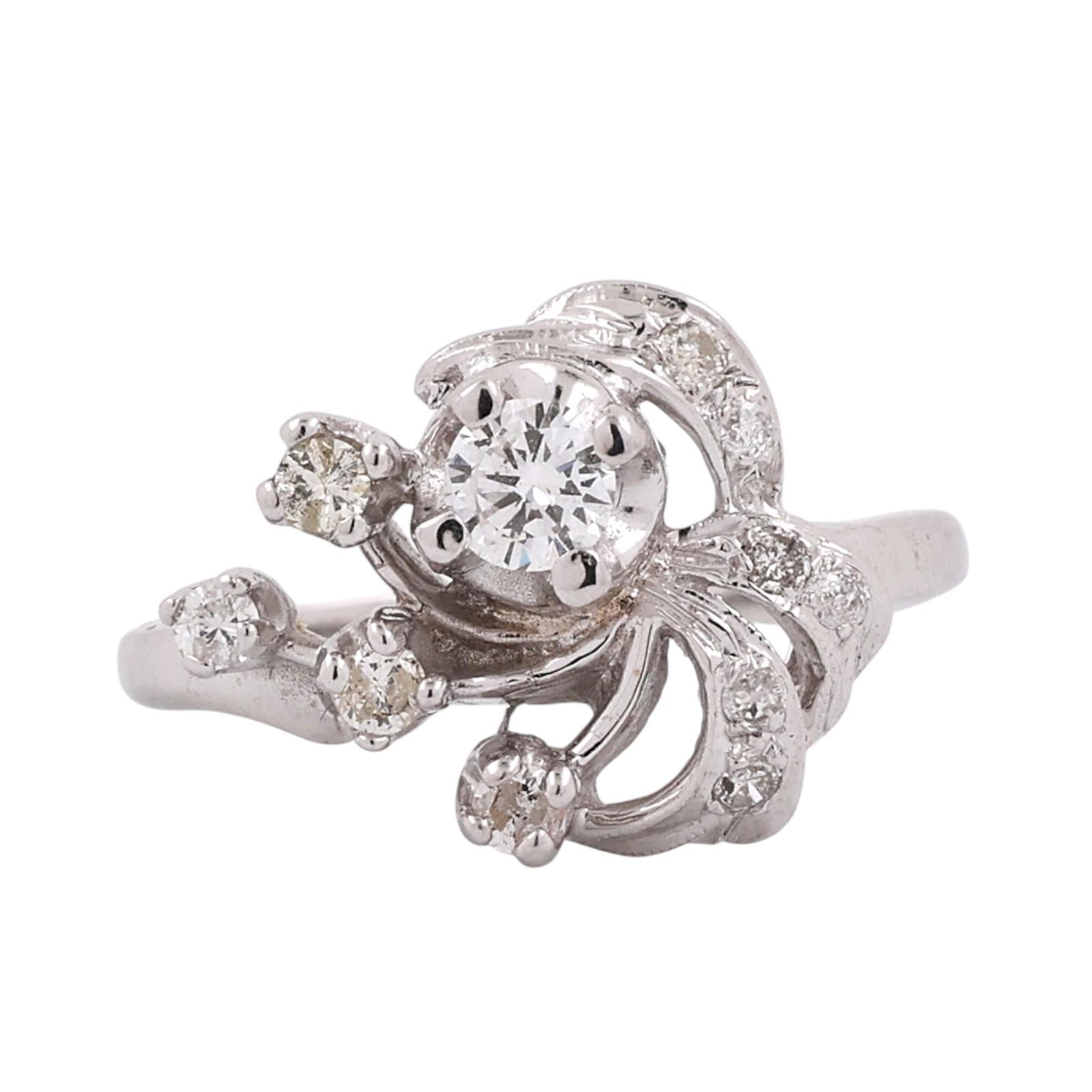 Vintage White Gold 0.43CTW Natural Diamond Bypass Swirl Engagement Ring Size 7.5