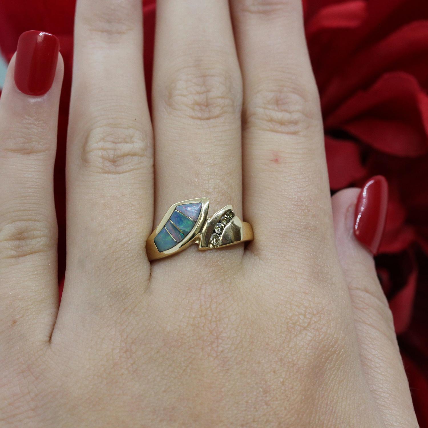Opal Inlay Diamond Bypass Ring 14K Yellow Gold Channel Setting Size 7.5 Estate