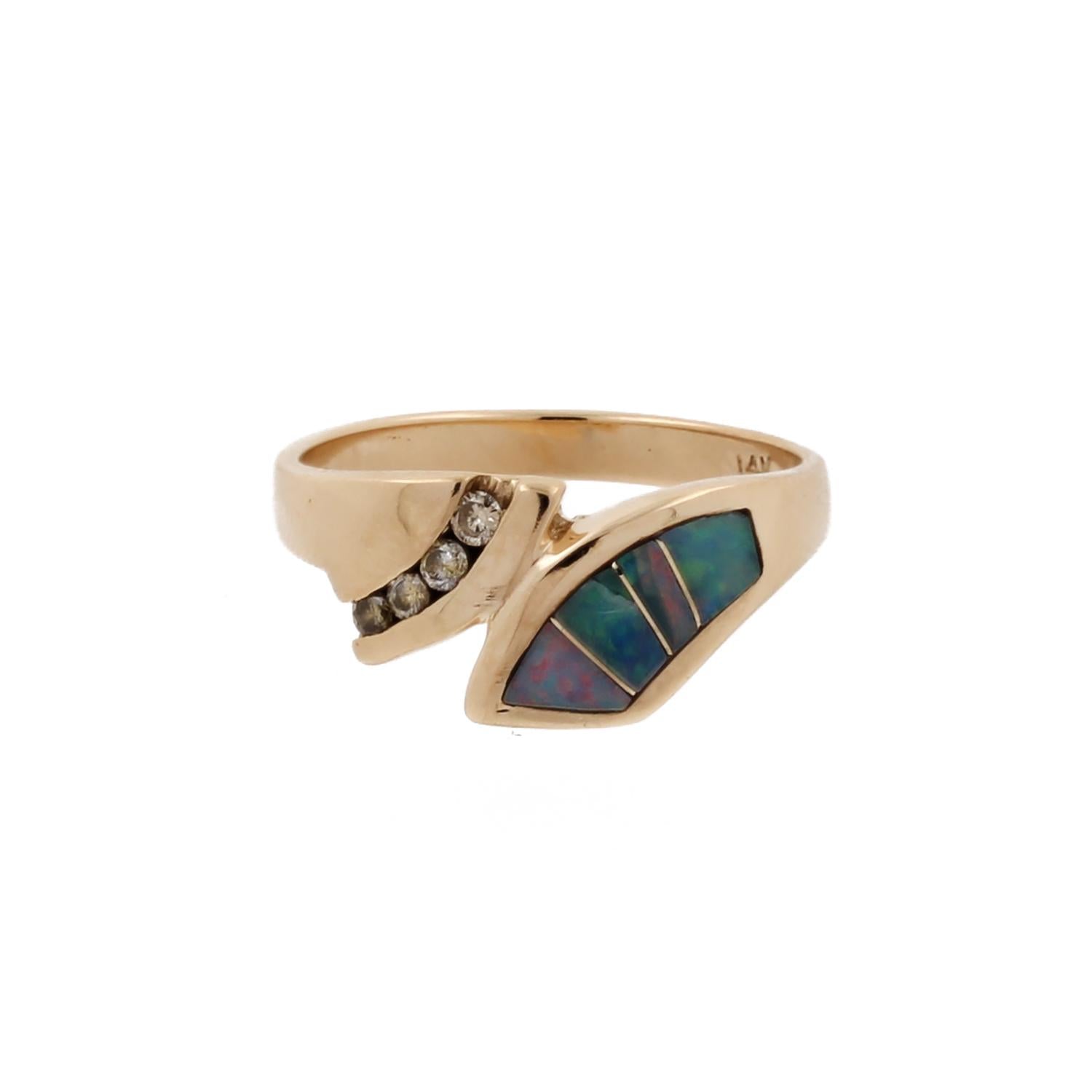 Opal Inlay Diamond Bypass Ring 14K Yellow Gold Channel Setting Size 7.5 Estate