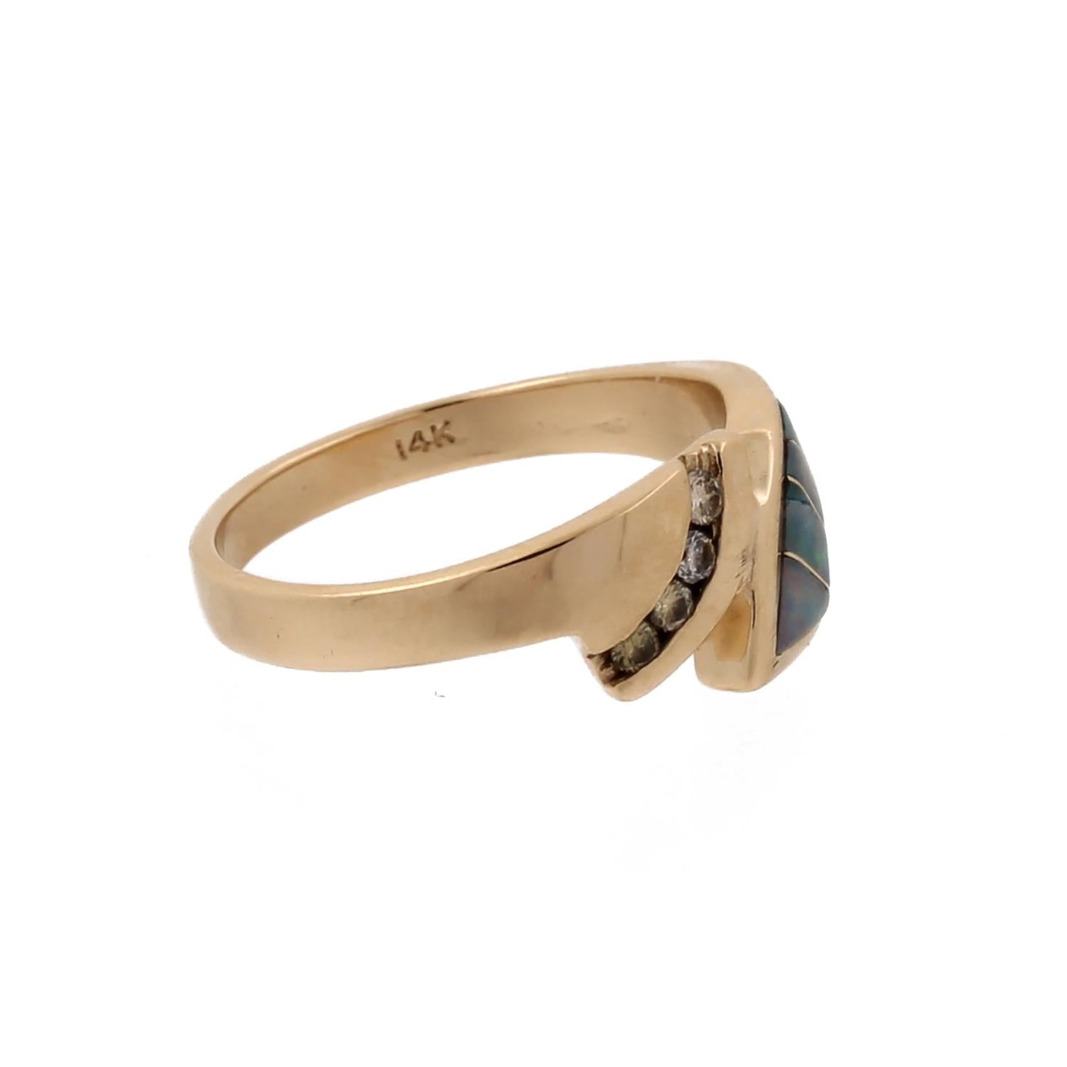 Opal Inlay Diamond Bypass Ring 14K Yellow Gold Channel Setting Size 7.5 Estate