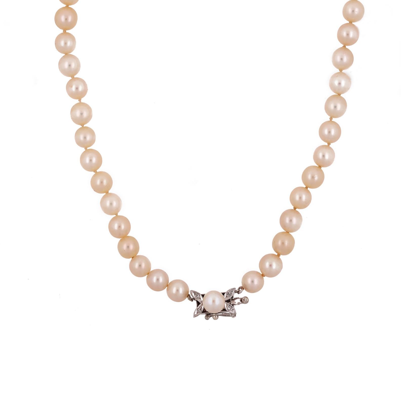 Vintage Akoya Pearl Necklace 6.5mm 14K White Gold Diamond Floral Clasp 15.5"