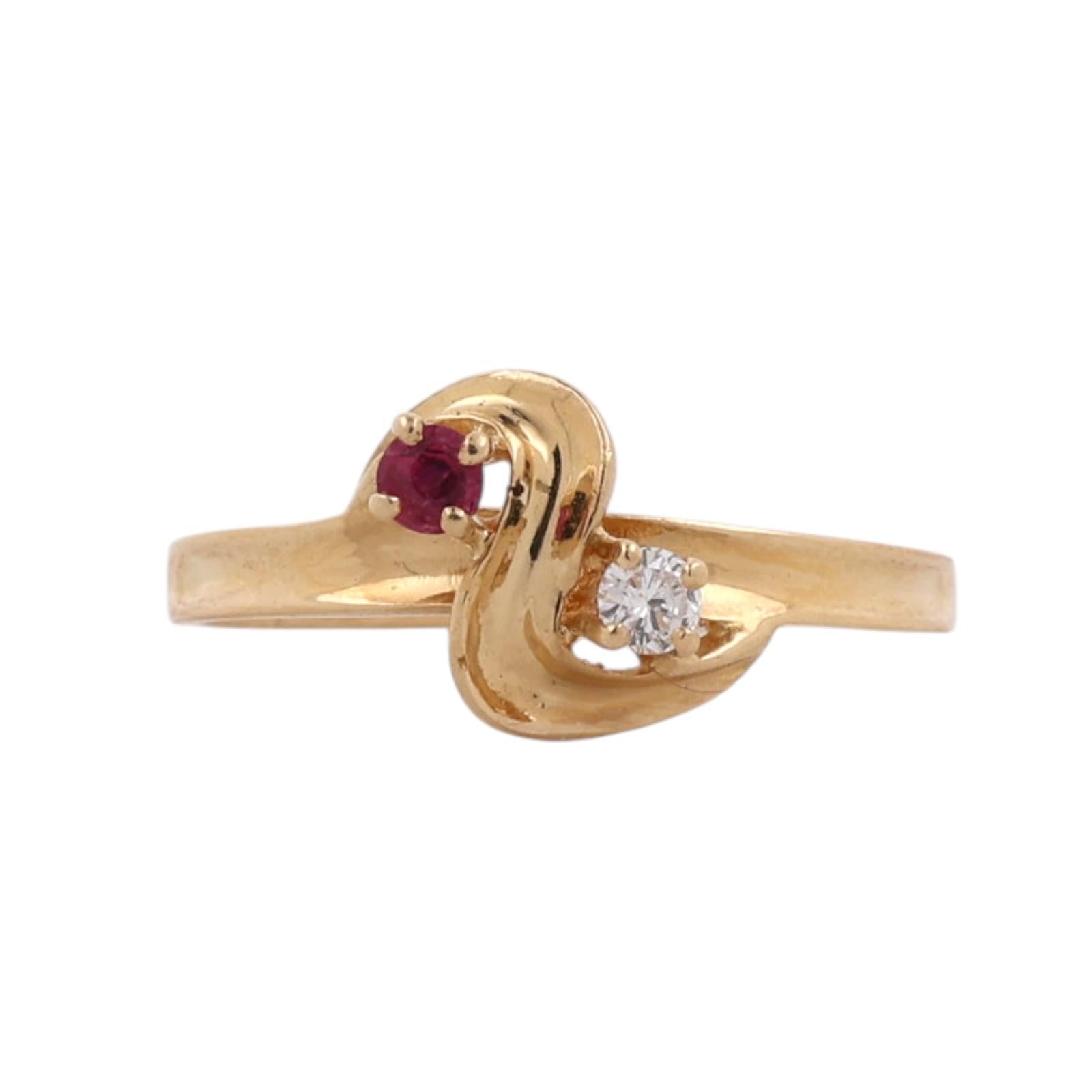 18K Yellow Gold Ruby Diamond Bypass Ring Estate Natural Ruby Diamond Size 7.25