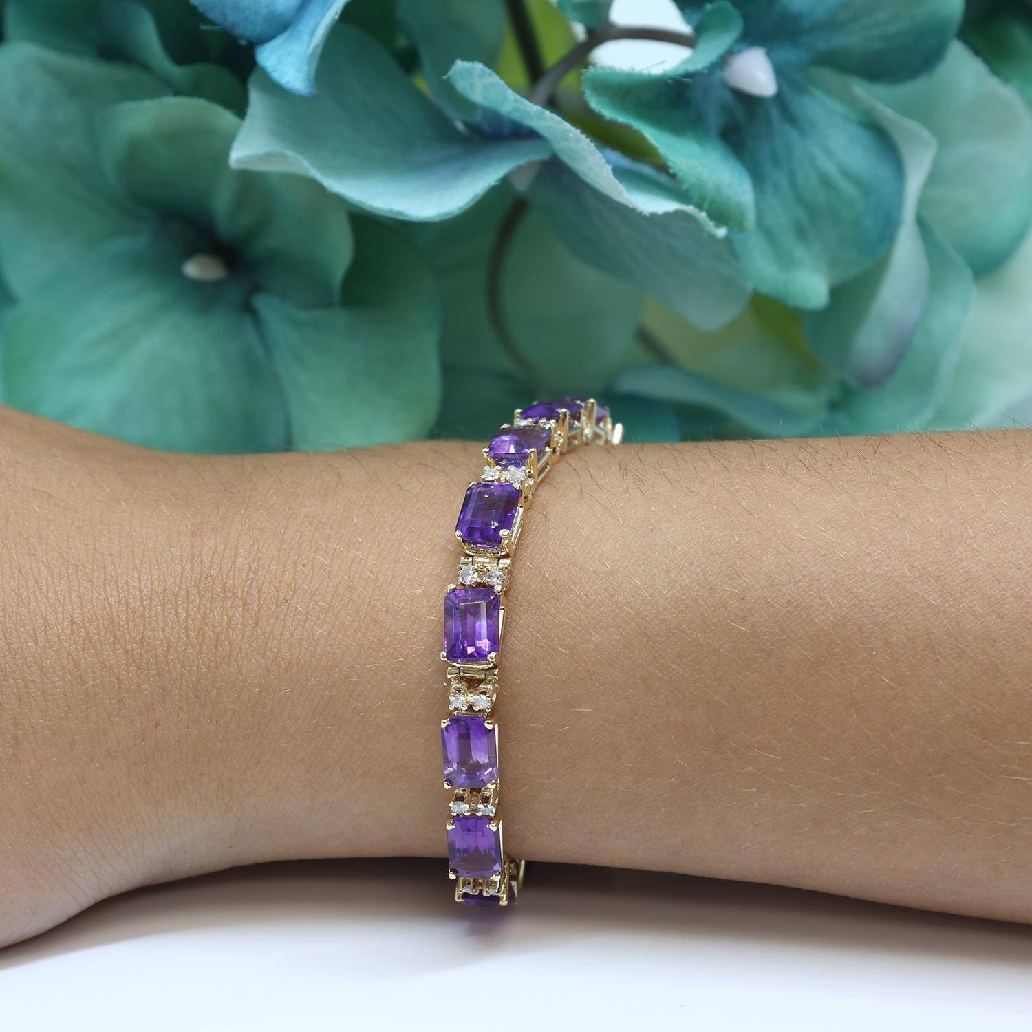 Ladies Amethyst Diamond Line Bracelet 14K Yellow Gold 14.61 CTW 7" Vintage