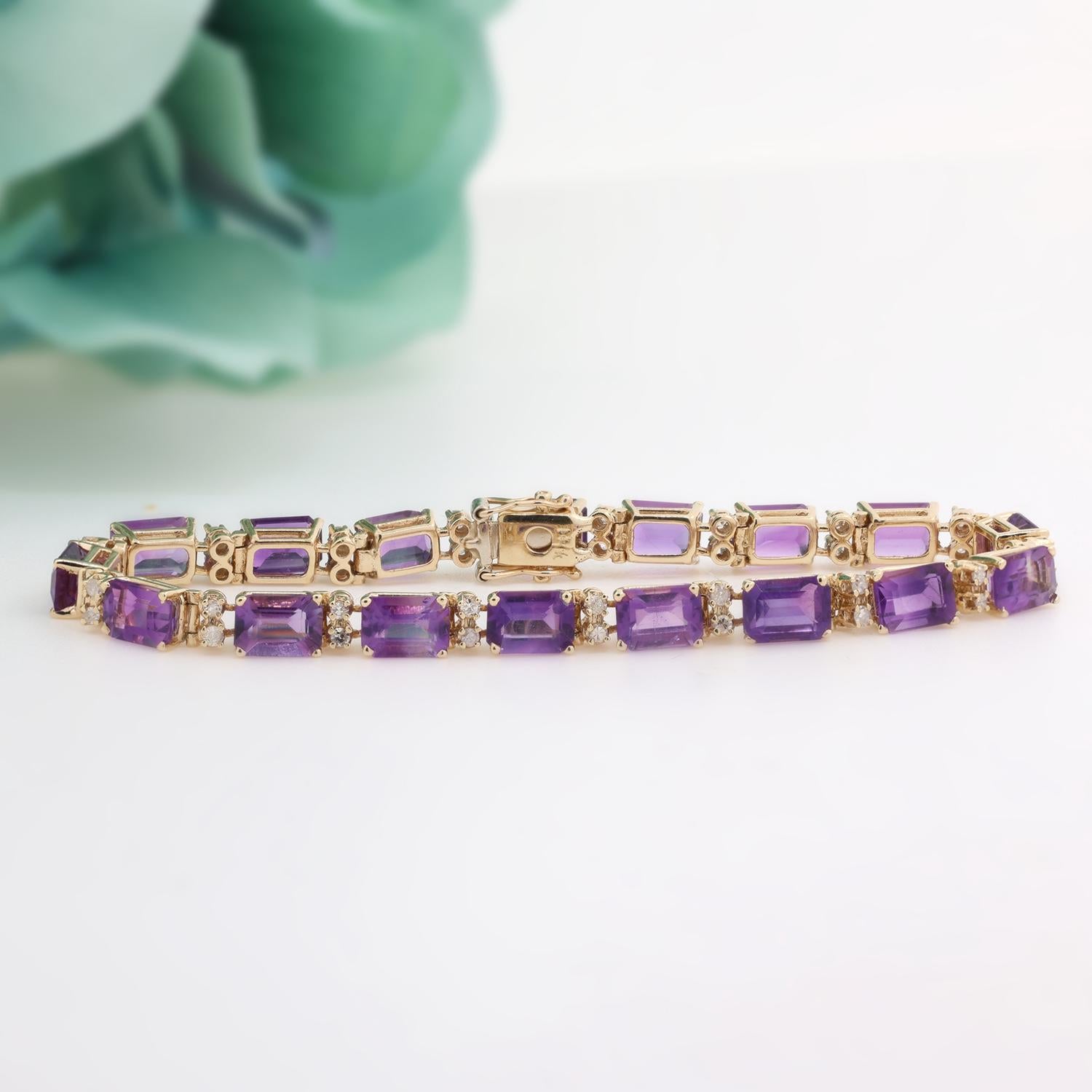 Ladies Amethyst Diamond Line Bracelet 14K Yellow Gold 14.61 CTW 7" Vintage