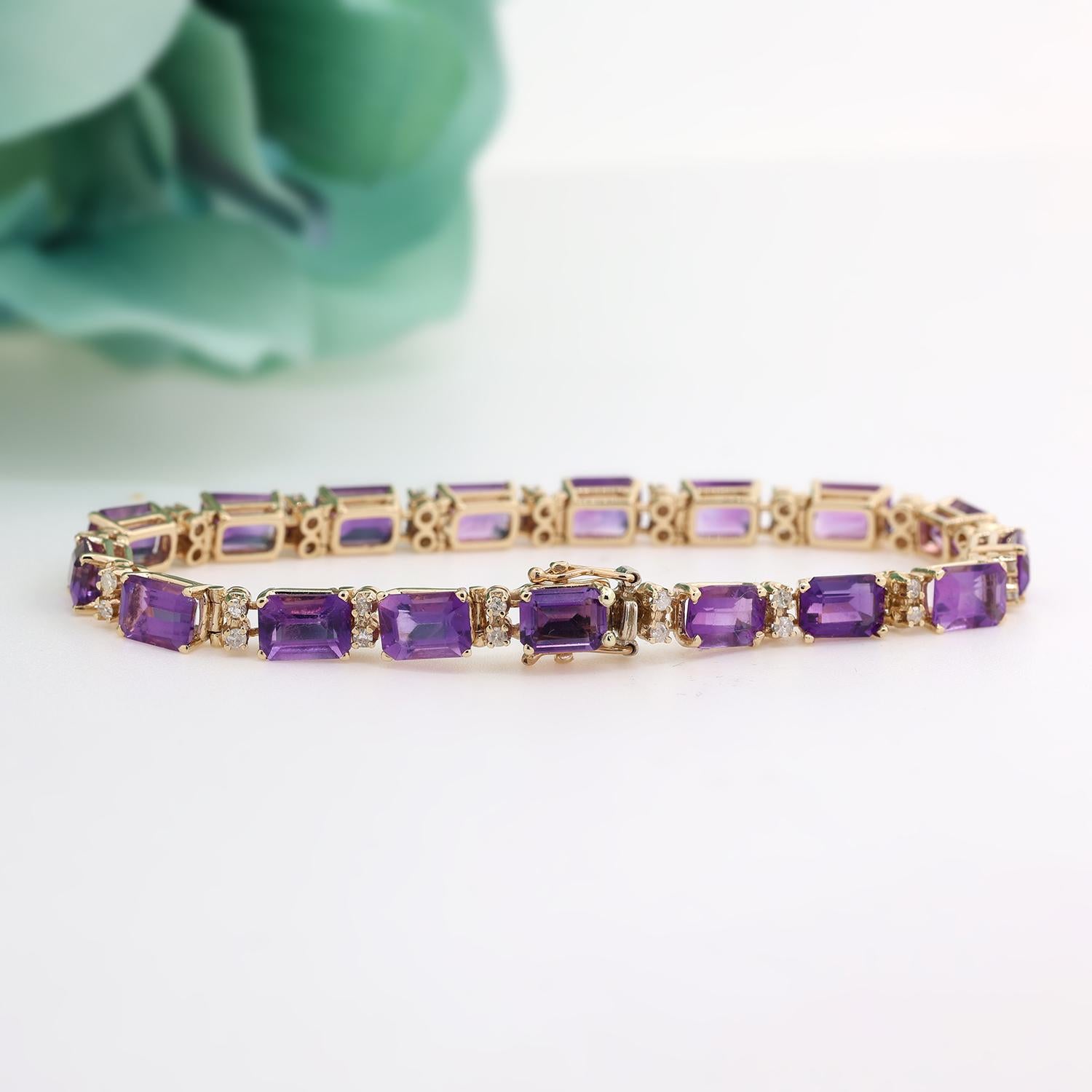 Ladies Amethyst Diamond Line Bracelet 14K Yellow Gold 14.61 CTW 7" Vintage