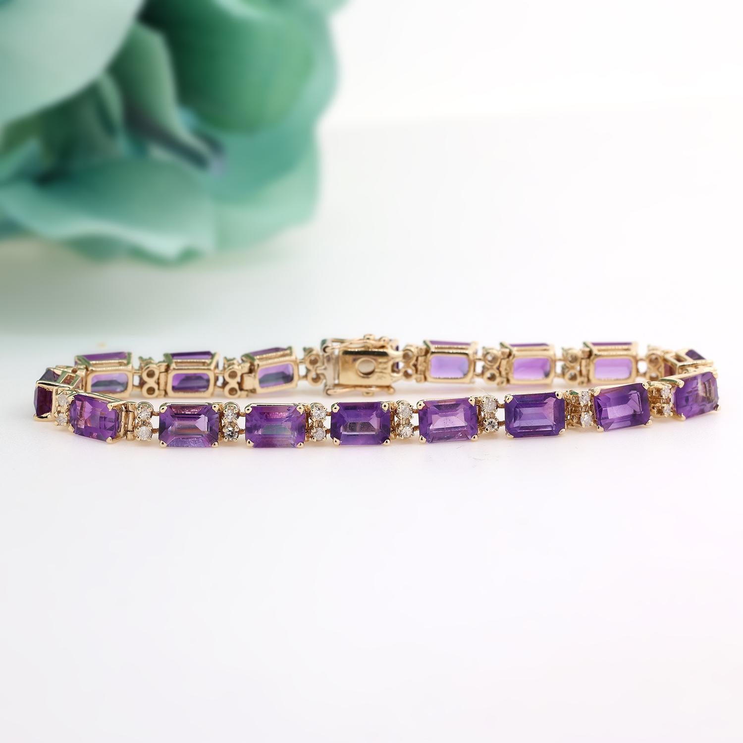 Ladies Amethyst Diamond Line Bracelet 14K Yellow Gold 14.61 CTW 7" Vintage