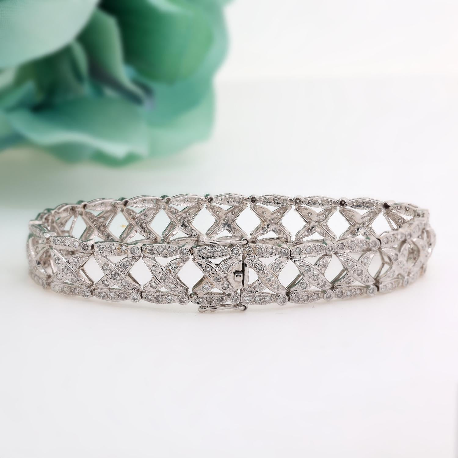 3.00 TW Diamond X Link Tennis Bracelet 18K White Gold 7" Ladies Estate