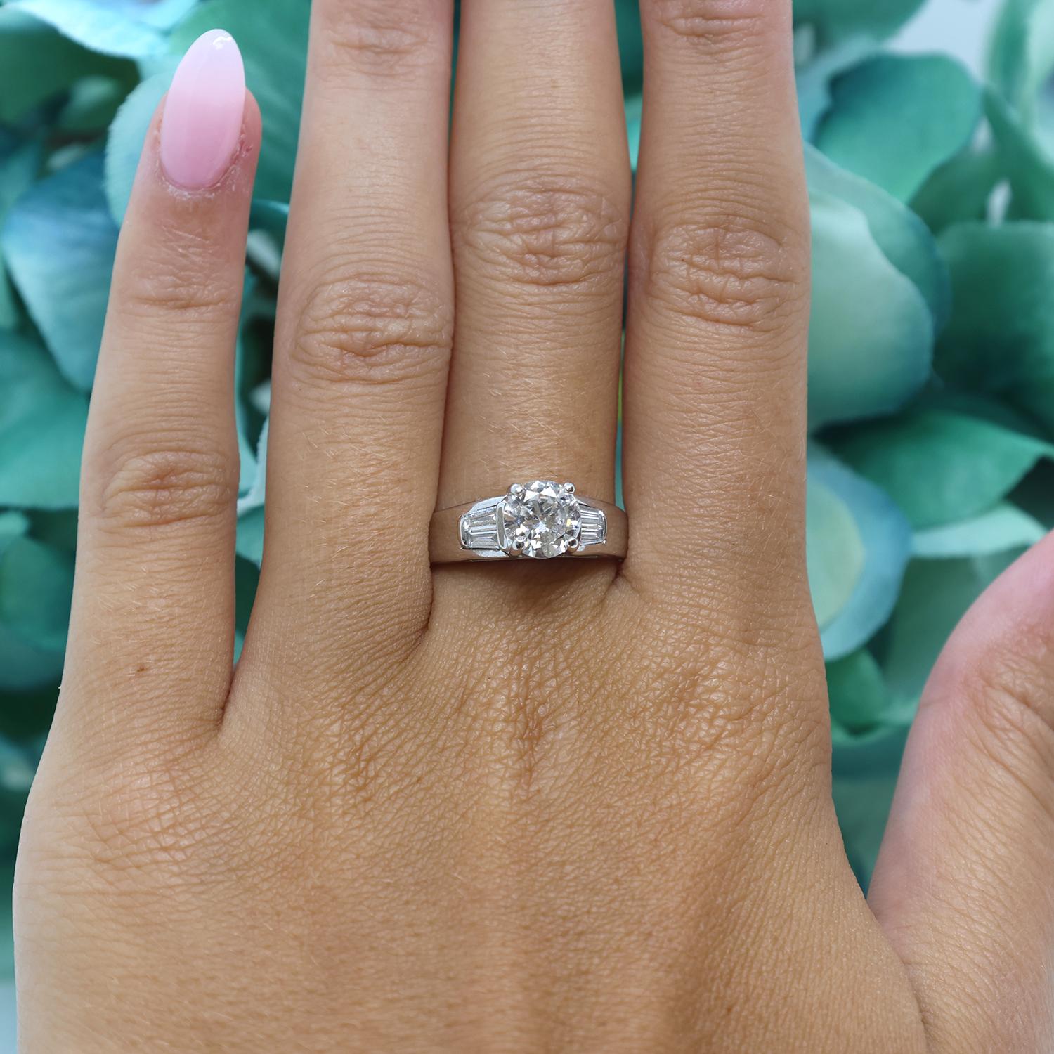 1.12 TW Round Diamond Engagement Ring Baguette Accents 14K White Gold Size 7.25