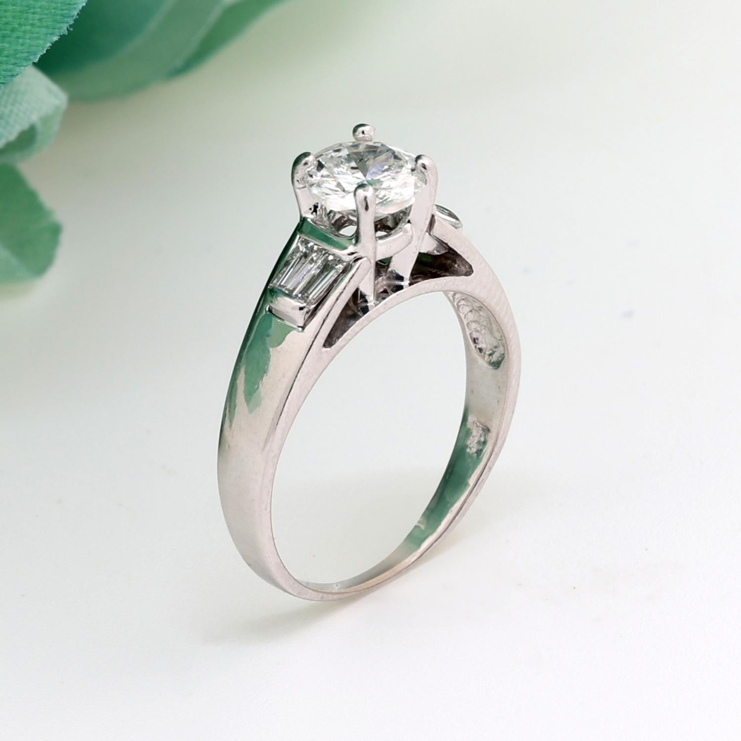 1.12 TW Round Diamond Engagement Ring Baguette Accents 14K White Gold Size 7.25