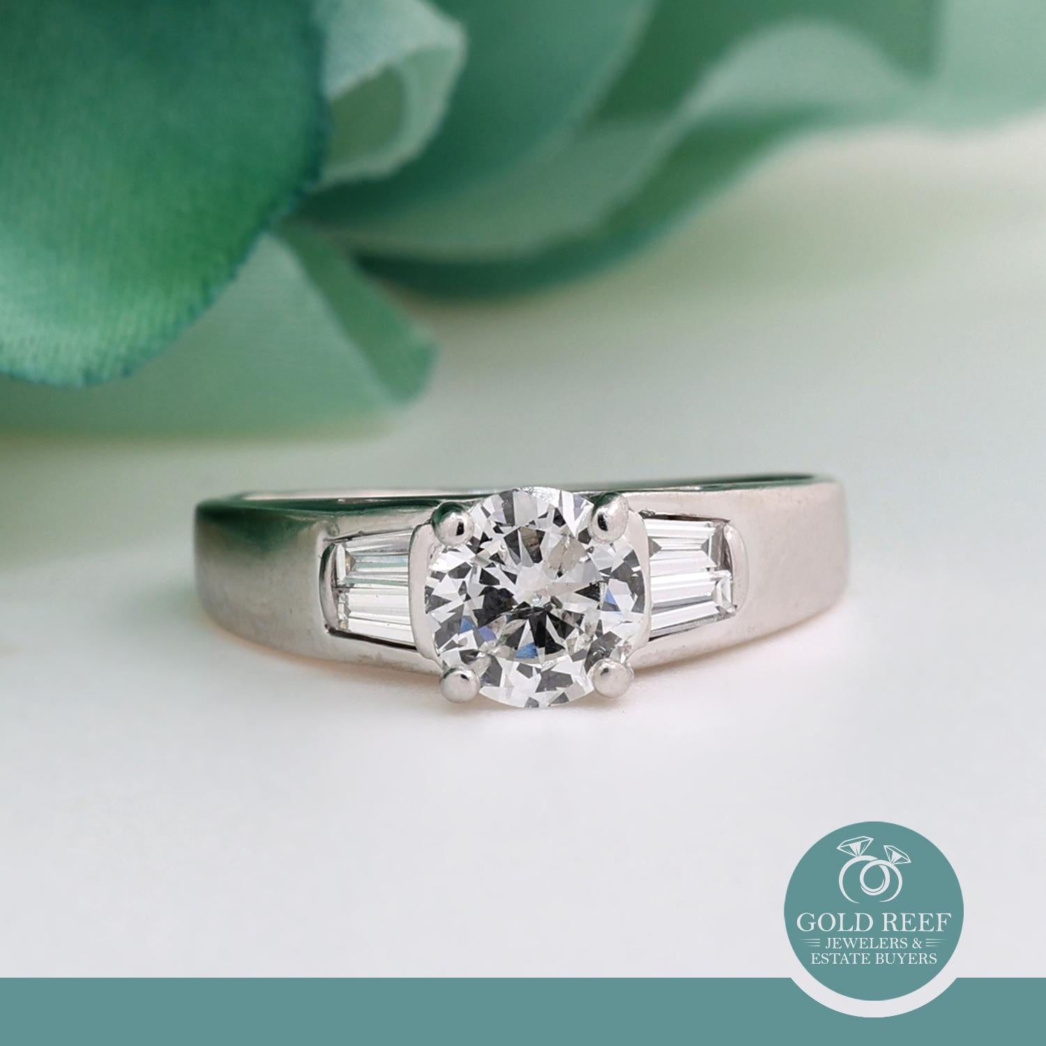 1.12 TW Round Diamond Engagement Ring Baguette Accents 14K White Gold Size 7.25