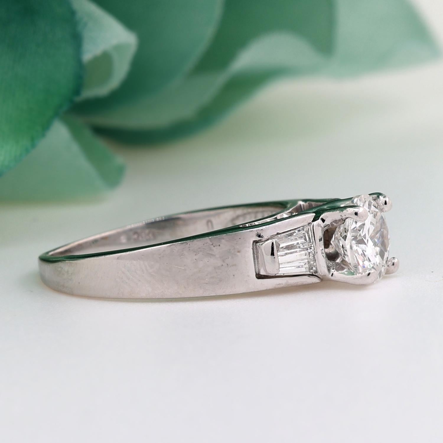 1.12 TW Round Diamond Engagement Ring Baguette Accents 14K White Gold Size 7.25