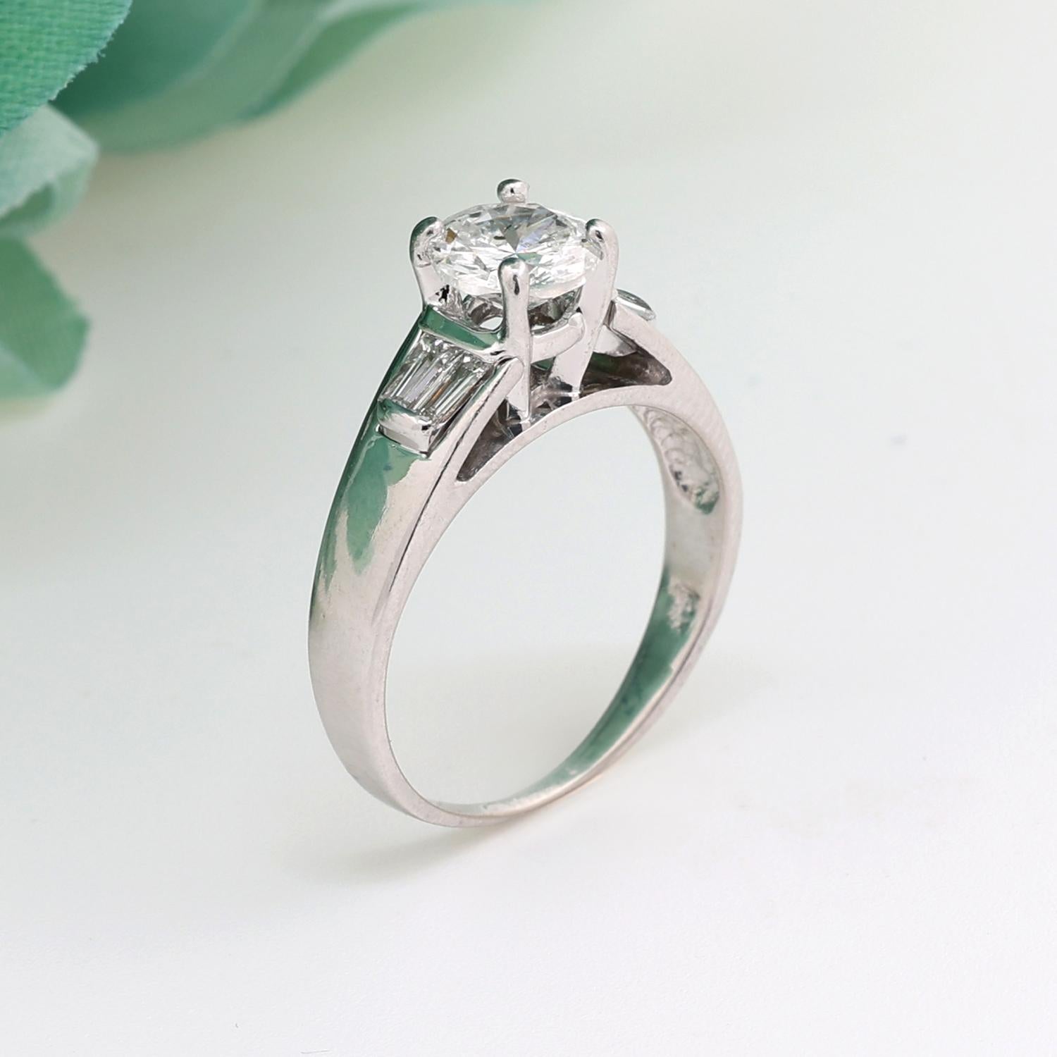 1.12 TW Round Diamond Engagement Ring Baguette Accents 14K White Gold Size 7.25