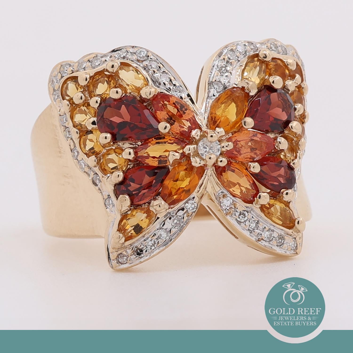 Citrine Garnet Diamond Butterfly Statement Ring 14K Yellow Gold Size 10.25