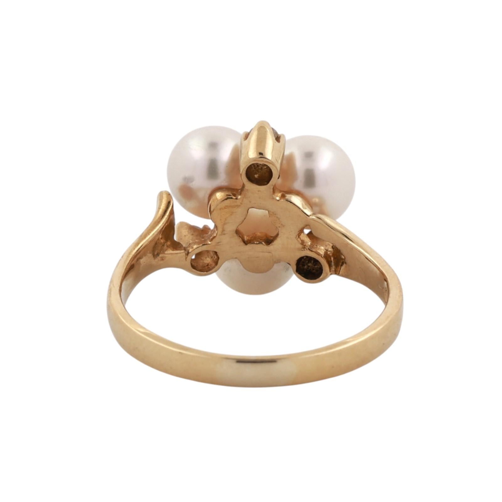 Mikimoto 18K Yellow Gold Akoya Pearl Diamond Ring 3 Pearl Estate SIze 4.75