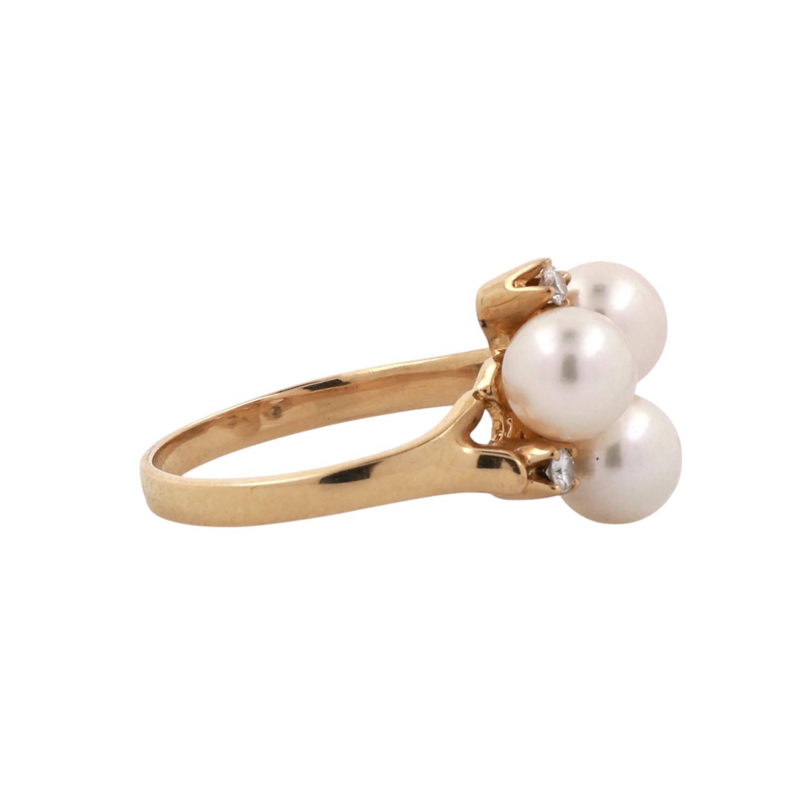 Mikimoto 18K Yellow Gold Akoya Pearl Diamond Ring 3 Pearl Estate SIze 4.75
