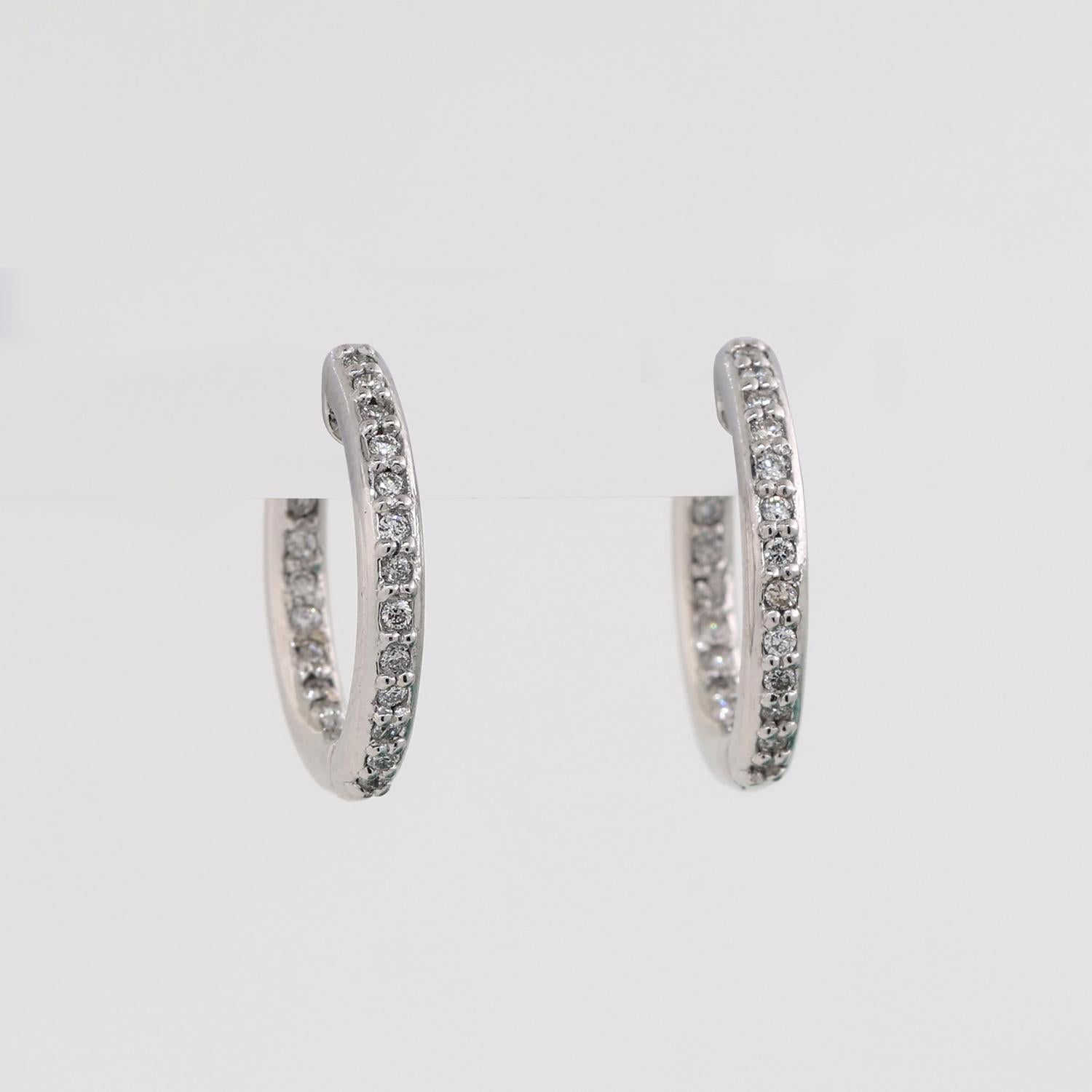 Inside Out Diamond Round Huggie Hoop Earrings 14K White Gold 0.75 TW 0.65"