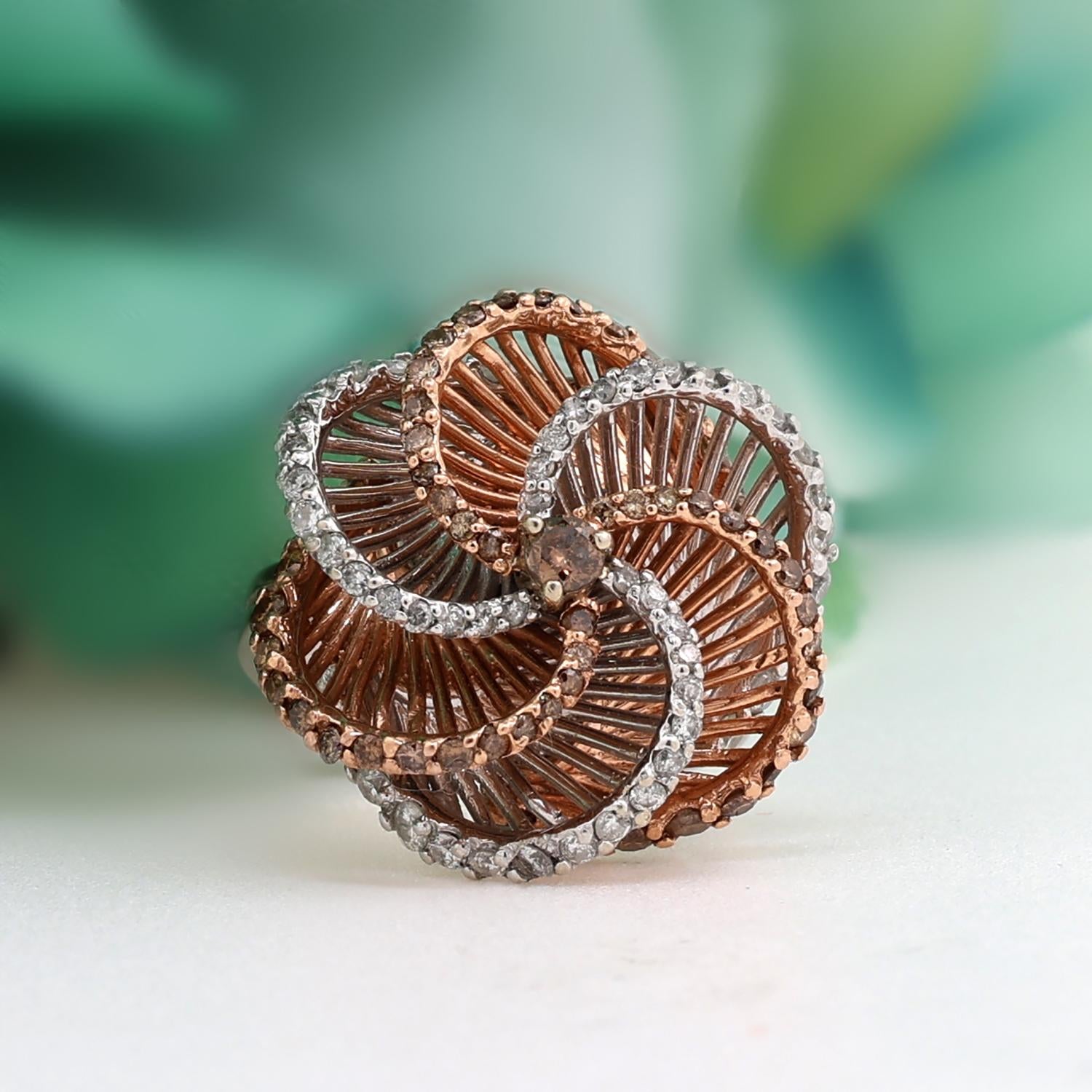 Vintage Chocolate Diamond Spiral Swirl Cocktail Ring 1.55 TW 14K Gold Size 5.25