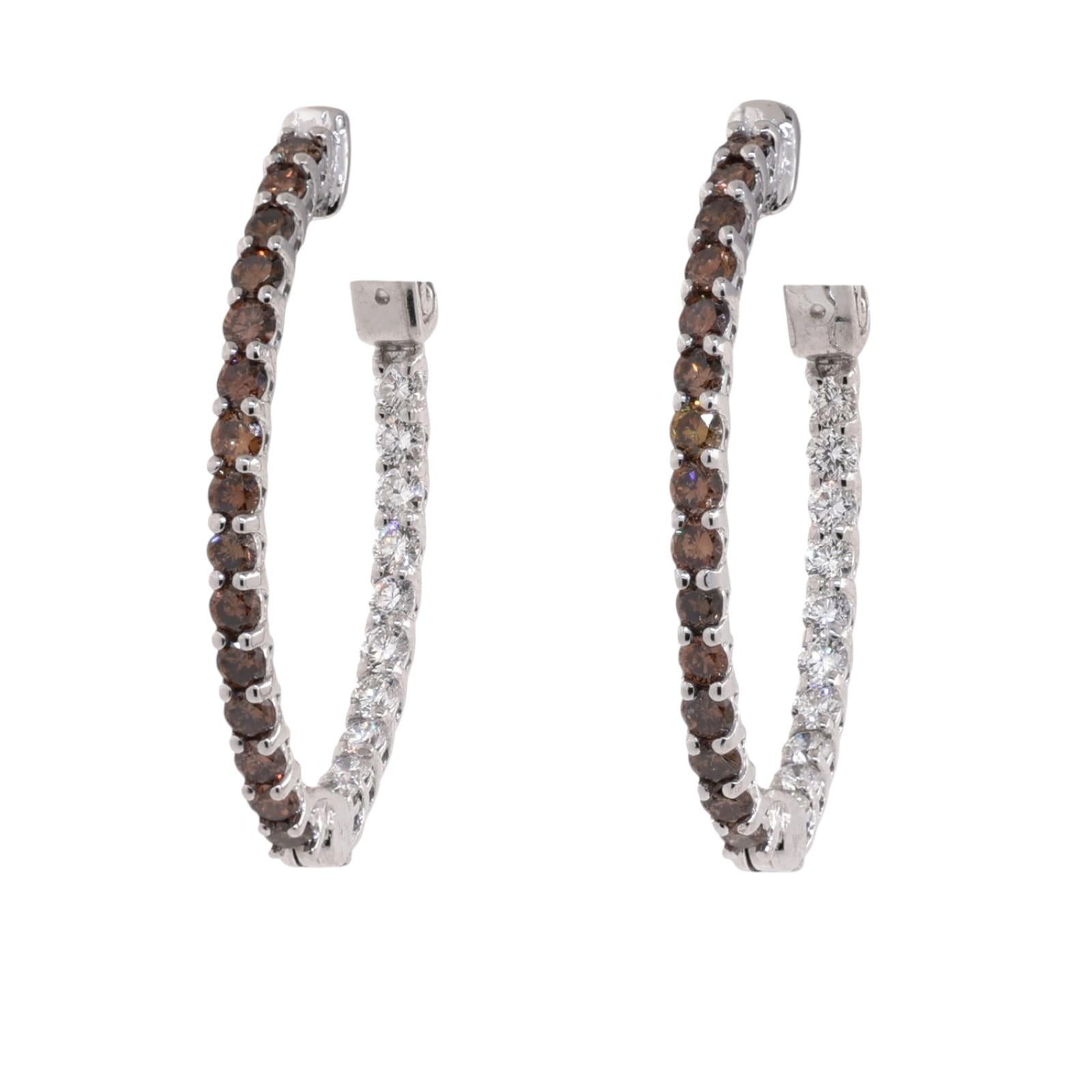 14K White Gold 1.60CTW Natural Cognac & White Diamond Inside Out Hoop Earrings