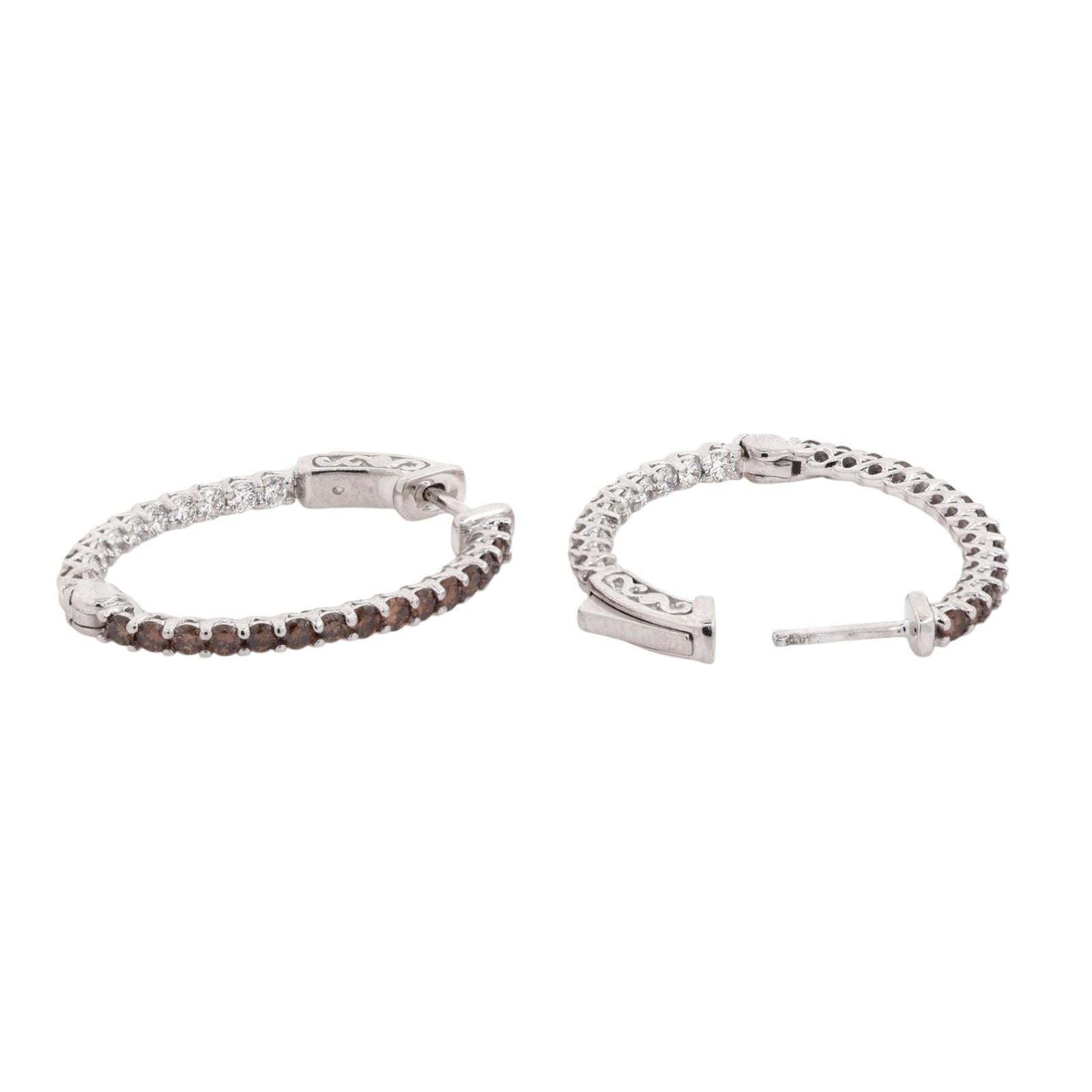 14K White Gold 1.60CTW Natural Cognac & White Diamond Inside Out Hoop Earrings
