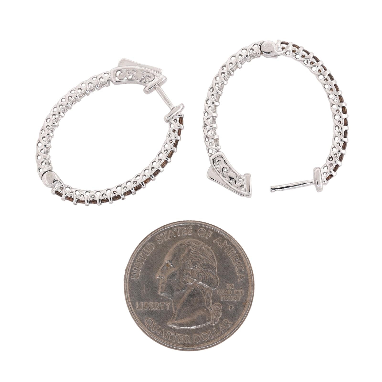 14K White Gold 1.60CTW Natural Cognac & White Diamond Inside Out Hoop Earrings