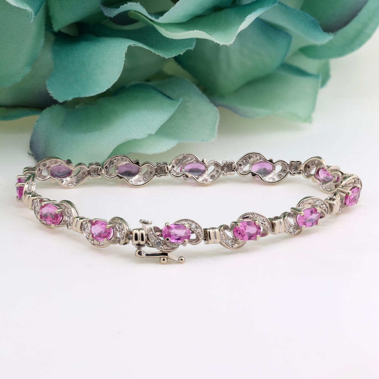 Estate Pink Sapphire Diamond Bracelet 14K White Gold 8.13 CTW 6.75"