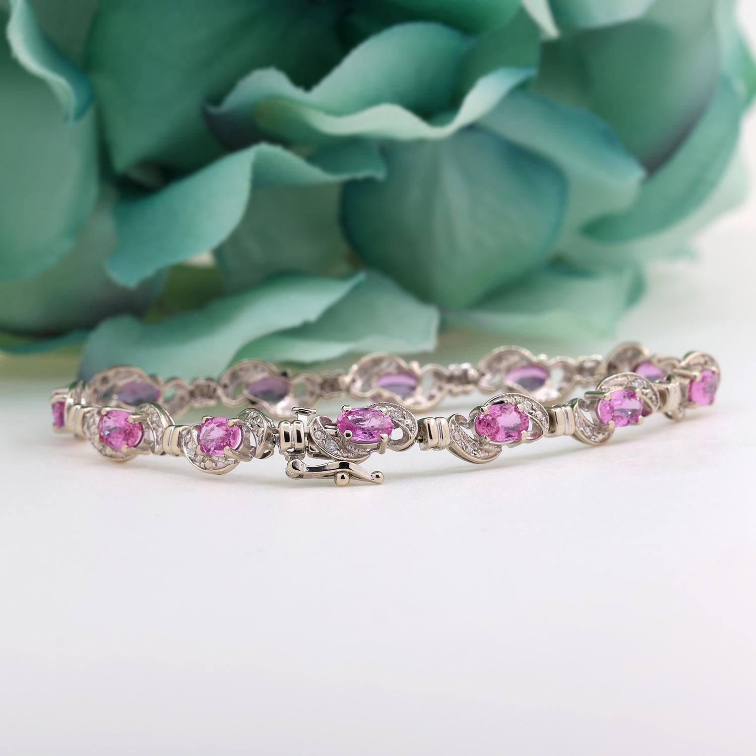 Estate Pink Sapphire Diamond Bracelet 14K White Gold 8.13 CTW 6.75"