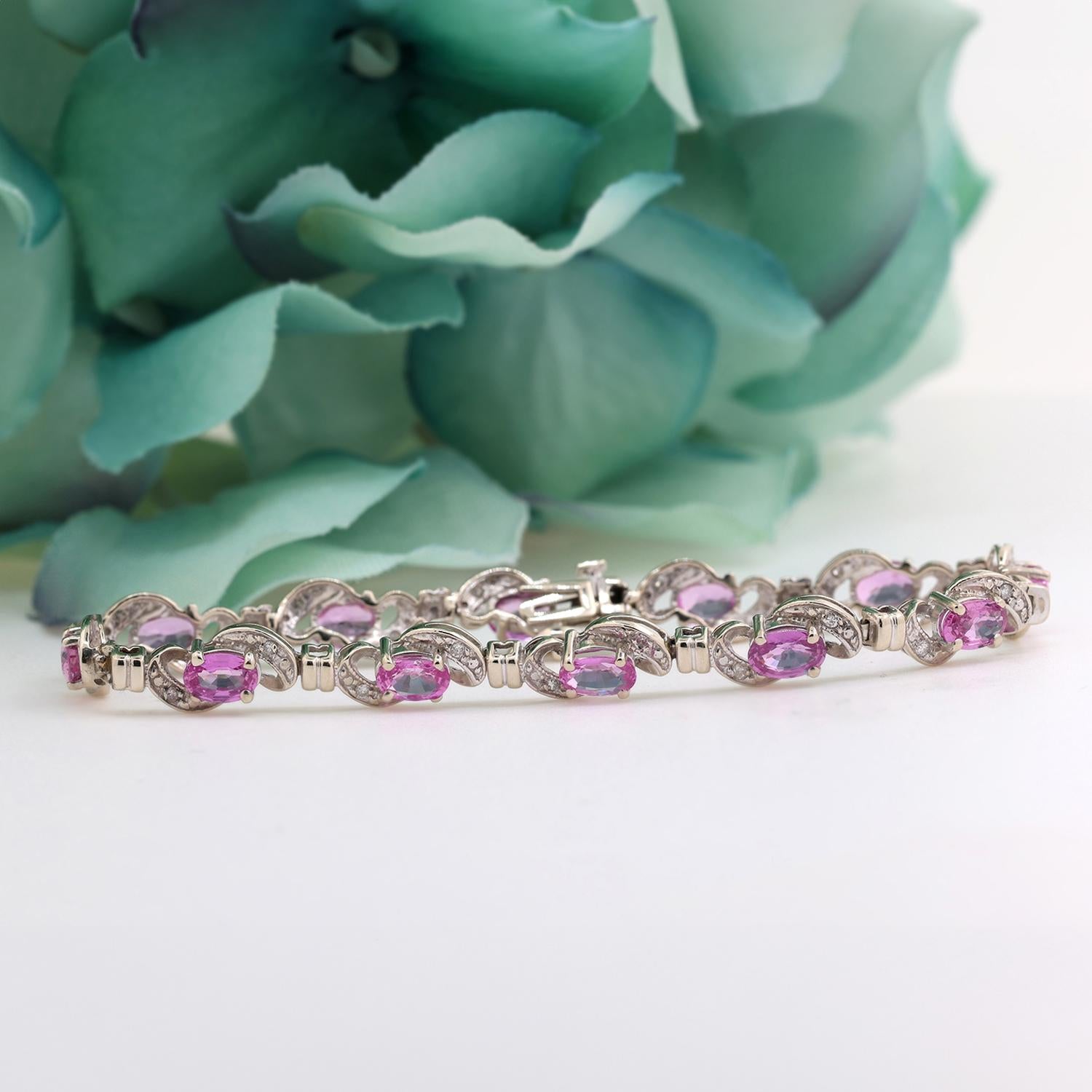 Estate Pink Sapphire Diamond Bracelet 14K White Gold 8.13 CTW 6.75"