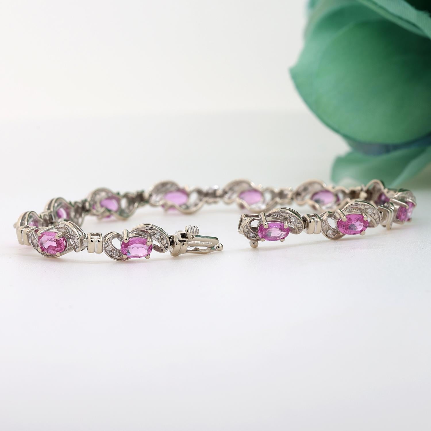 Estate Pink Sapphire Diamond Bracelet 14K White Gold 8.13 CTW 6.75"