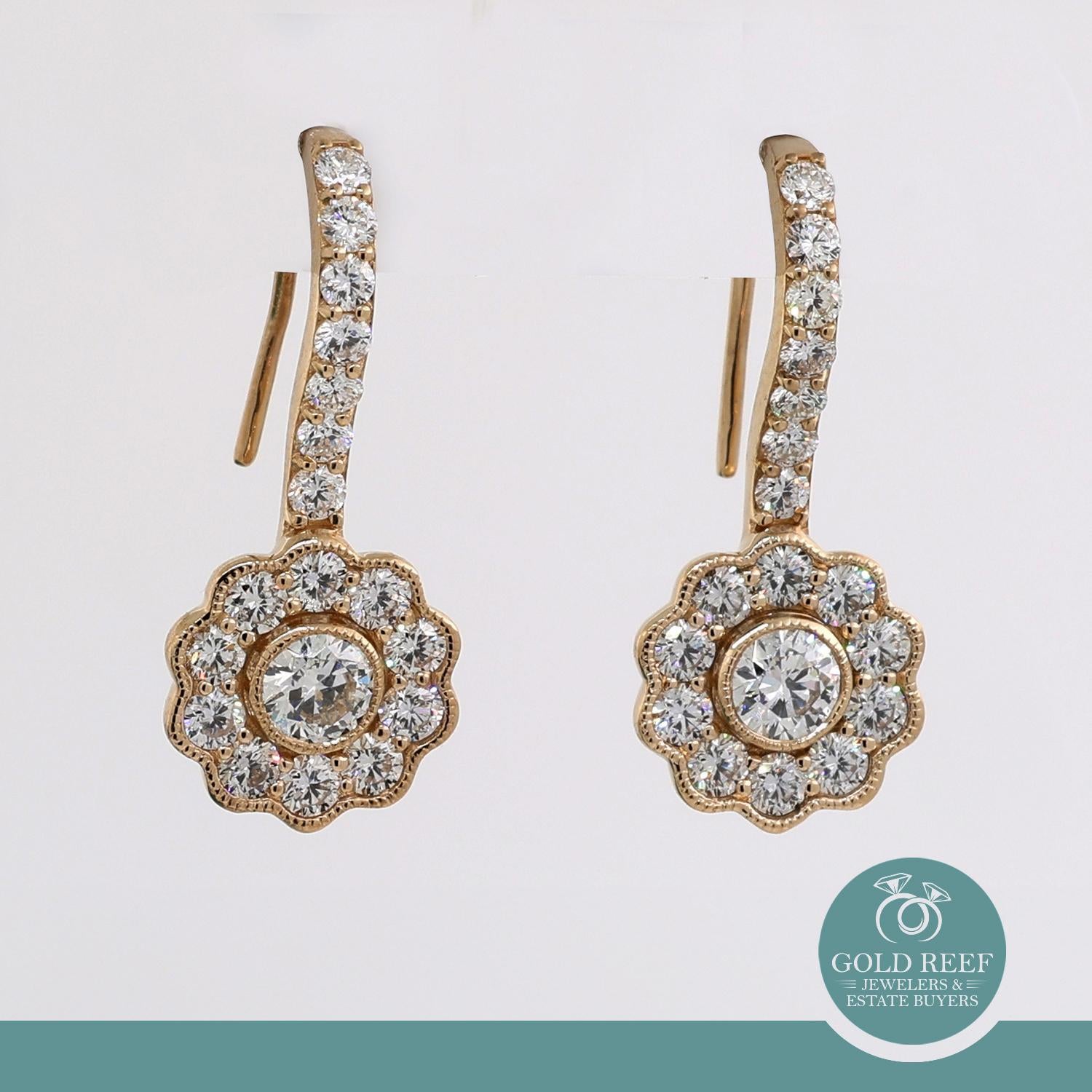 Diamond Drop Dangle Earrings Floral 14K Yellow Gold 1.60 TW 1" Ladies Estate