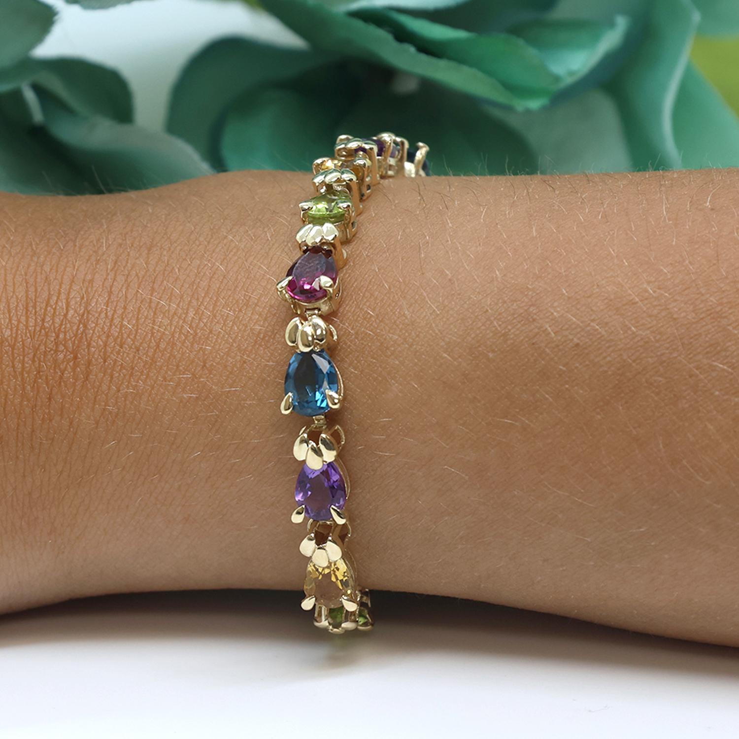 12.61 CTW Multi-Gemstone Bracelet 14K Yellow Gold Pear Cut Gems 7.5" Vintage