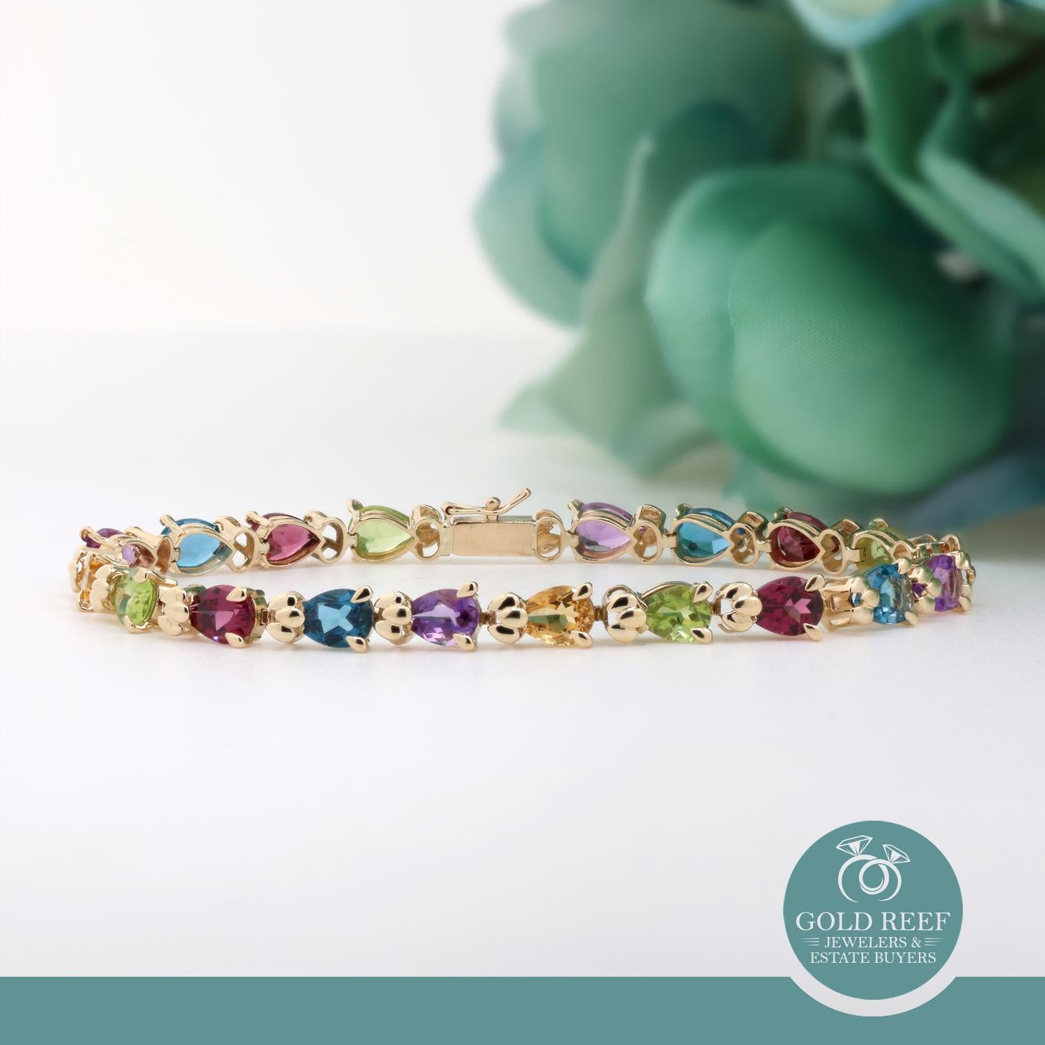 12.61 CTW Multi-Gemstone Bracelet 14K Yellow Gold Pear Cut Gems 7.5" Vintage