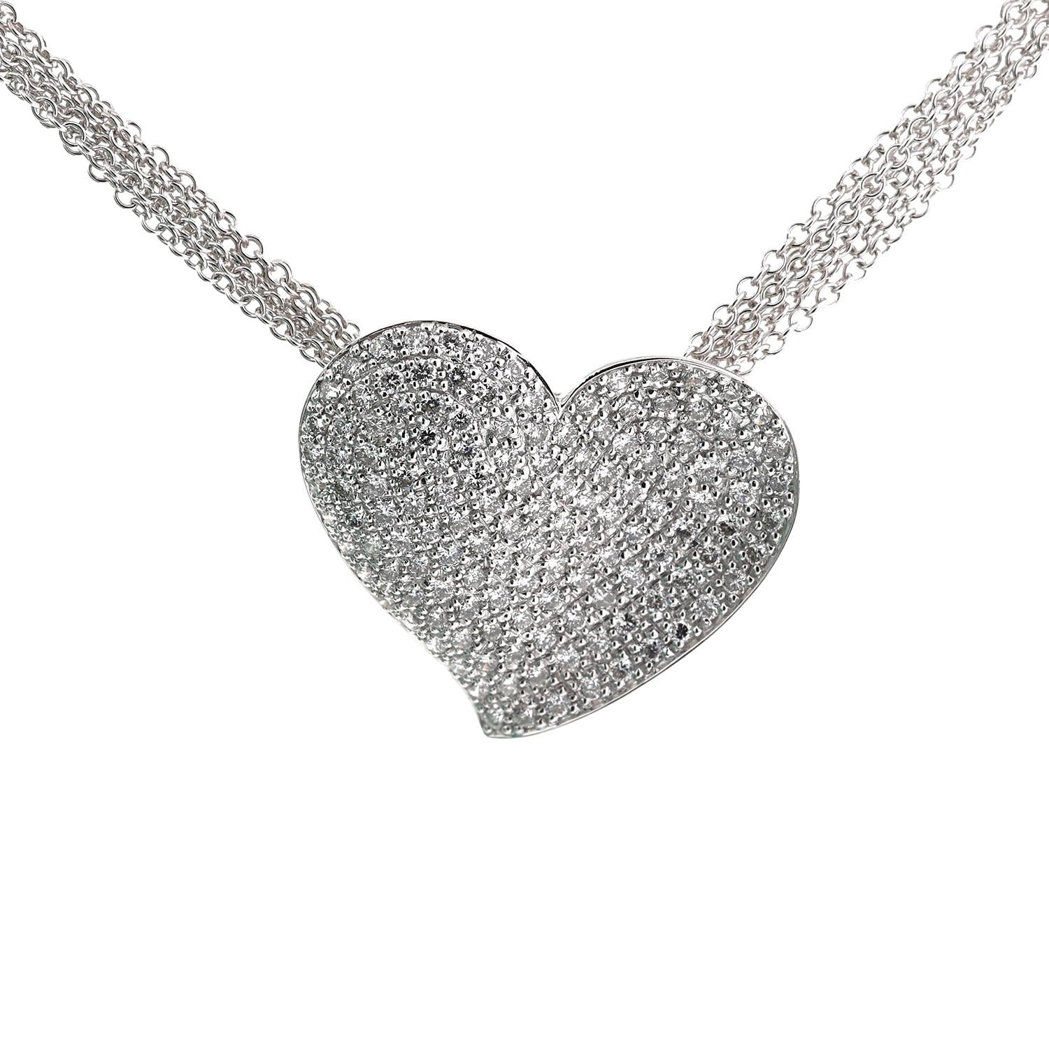 2.25 TW Cluster Diamond Heart Pendant 6-Strand Chain Necklace 18K White Gold 22"