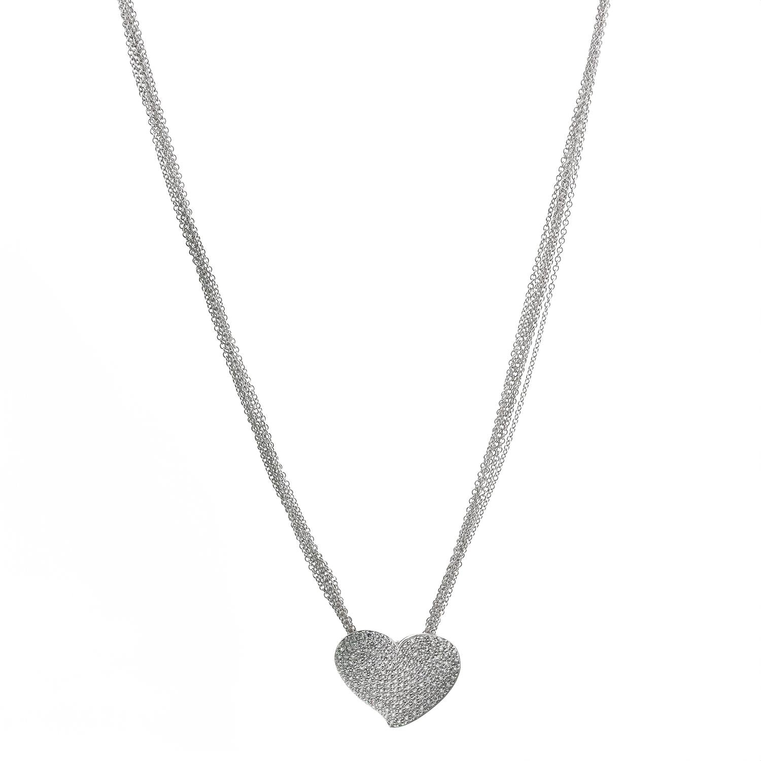 2.25 TW Cluster Diamond Heart Pendant 6-Strand Chain Necklace 18K White Gold 22"