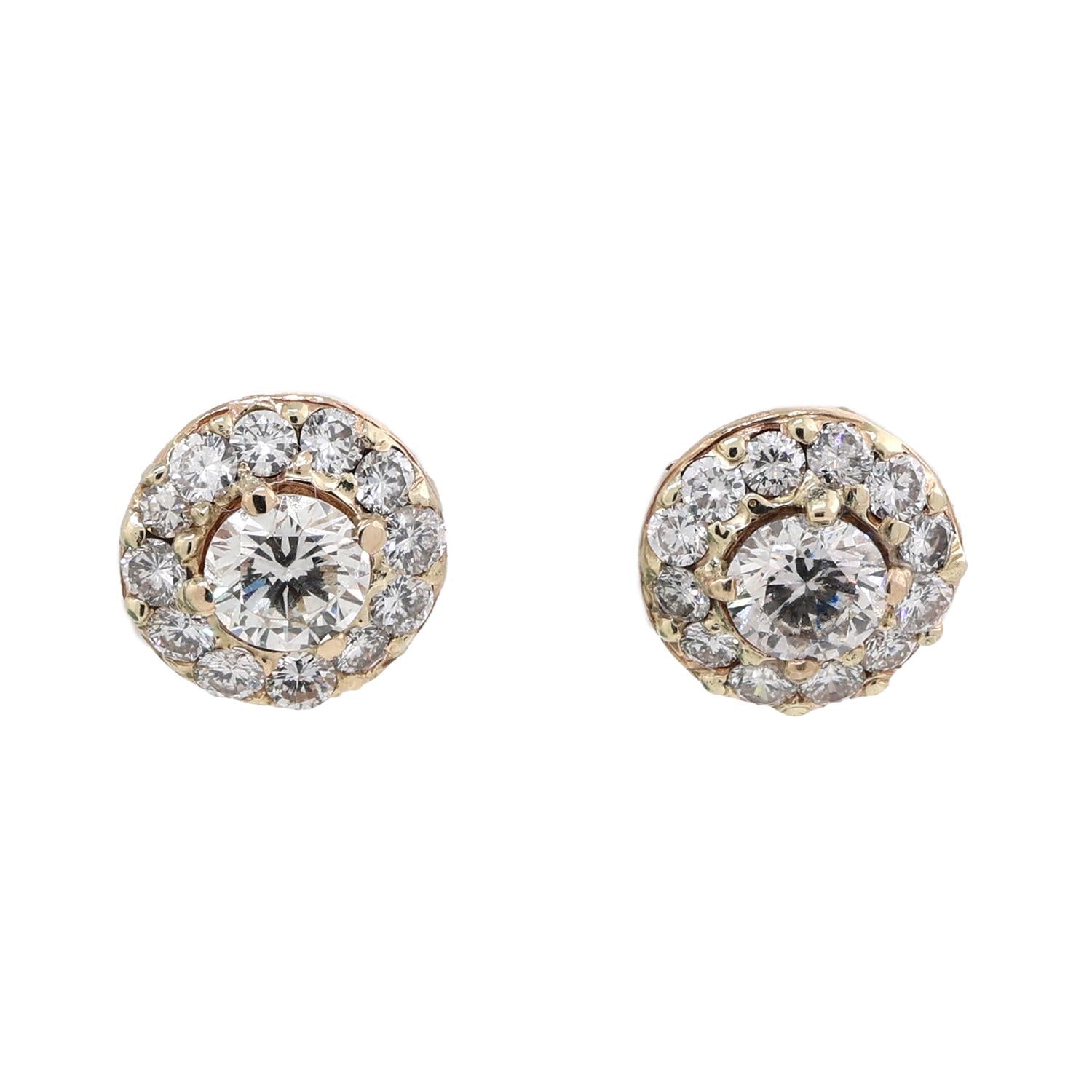 Round Halo Diamond Stud Floral Earrings GIA Cert 2.63 TW 14K Yellow Gold