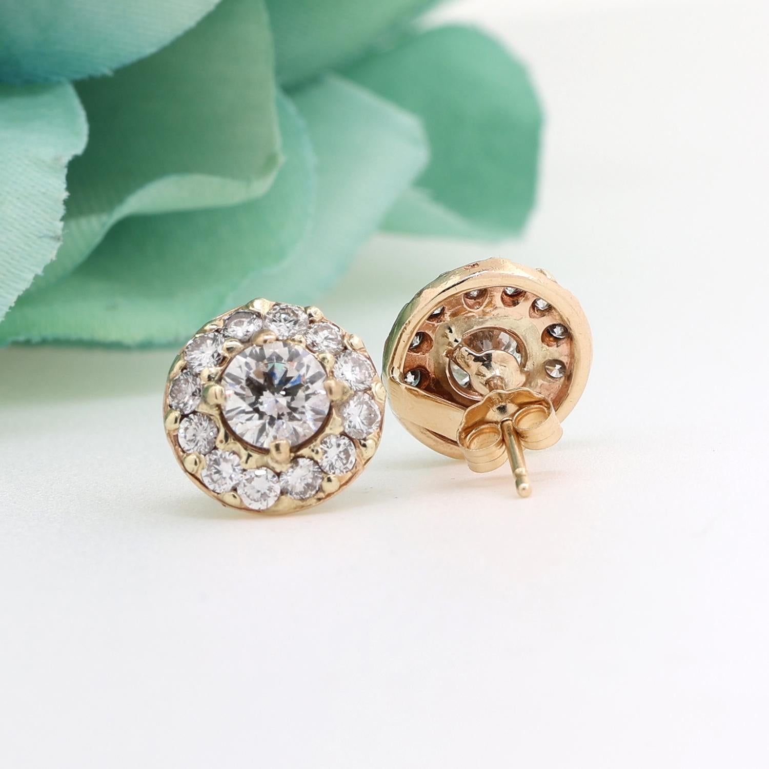 Round Halo Diamond Stud Floral Earrings GIA Cert 2.63 TW 14K Yellow Gold