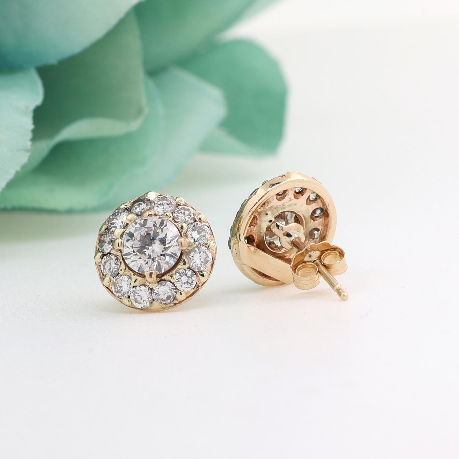 Round Halo Diamond Stud Floral Earrings GIA Cert 2.63 TW 14K Yellow Gold