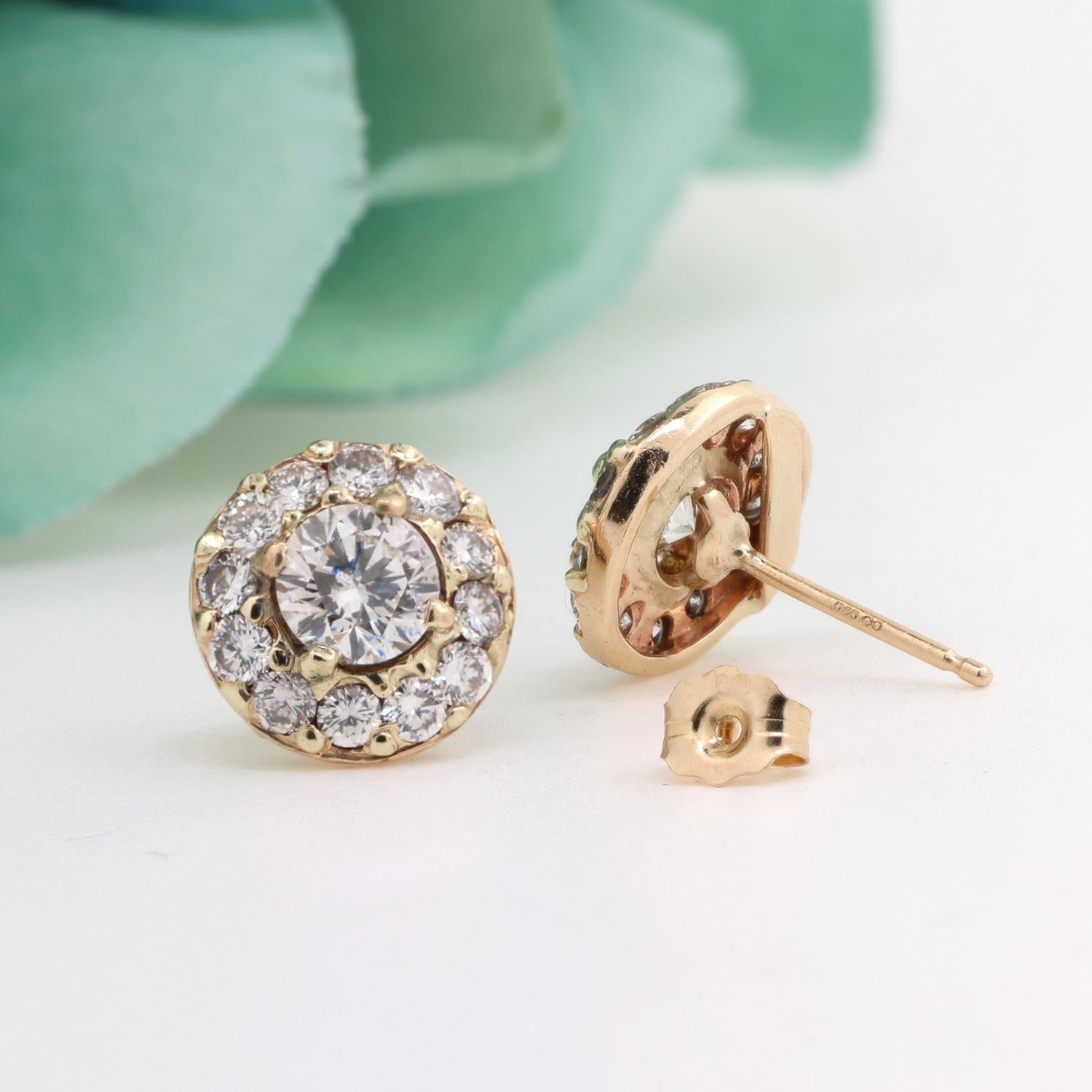 Round Halo Diamond Stud Floral Earrings GIA Cert 2.63 TW 14K Yellow Gold