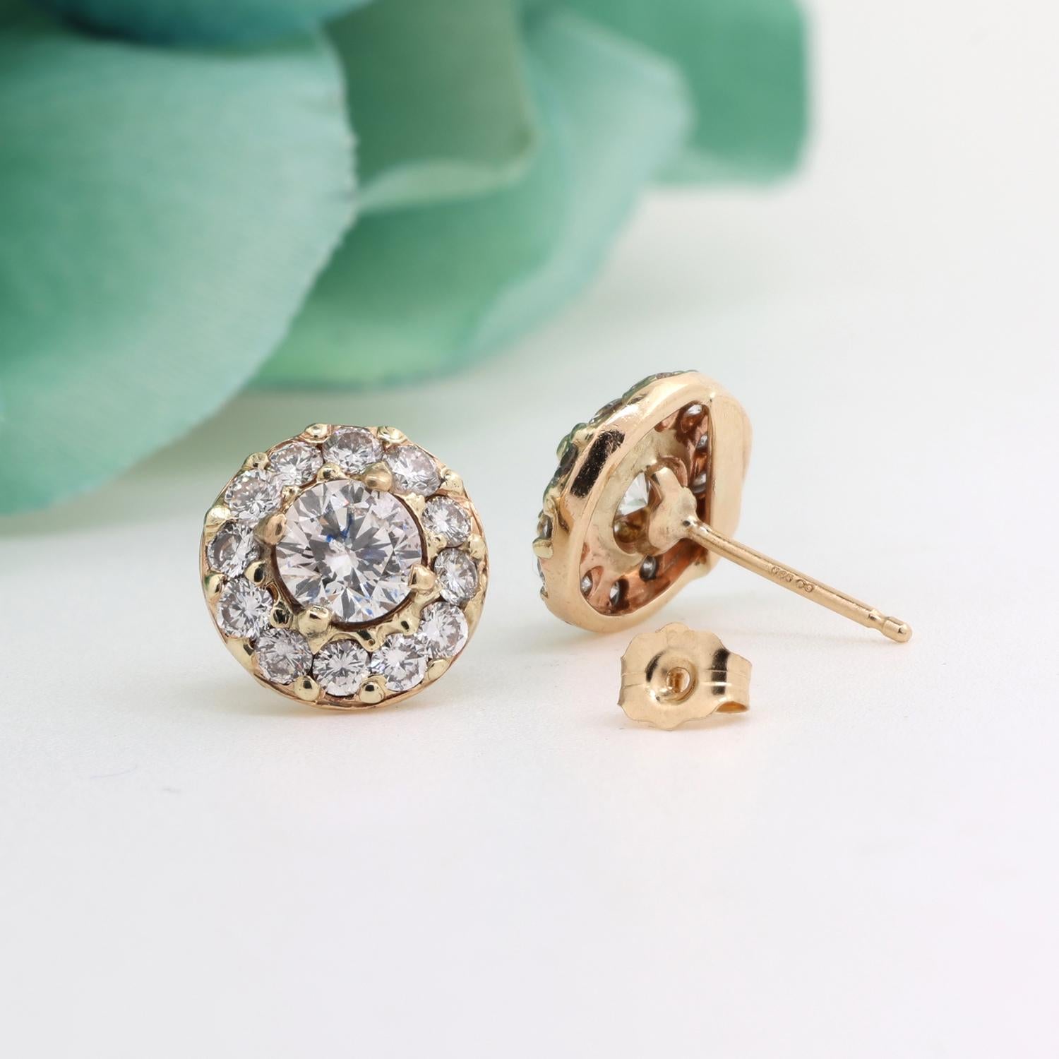 Round Halo Diamond Stud Floral Earrings GIA Cert 2.63 TW 14K Yellow Gold