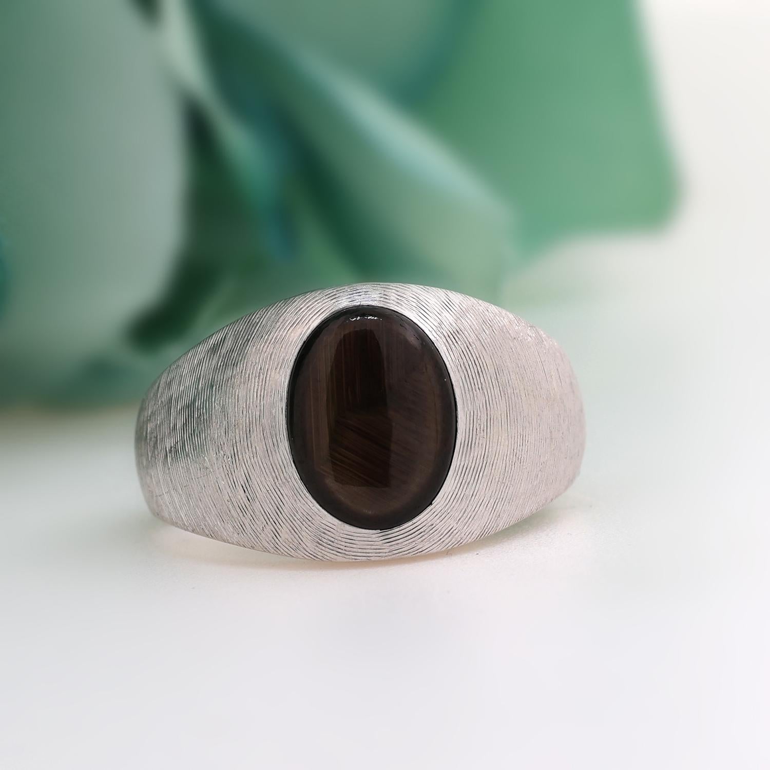 Diopside Cabochon Signet Ring 14K White Gold Oval Gem Size 7.75 Unisex Estate