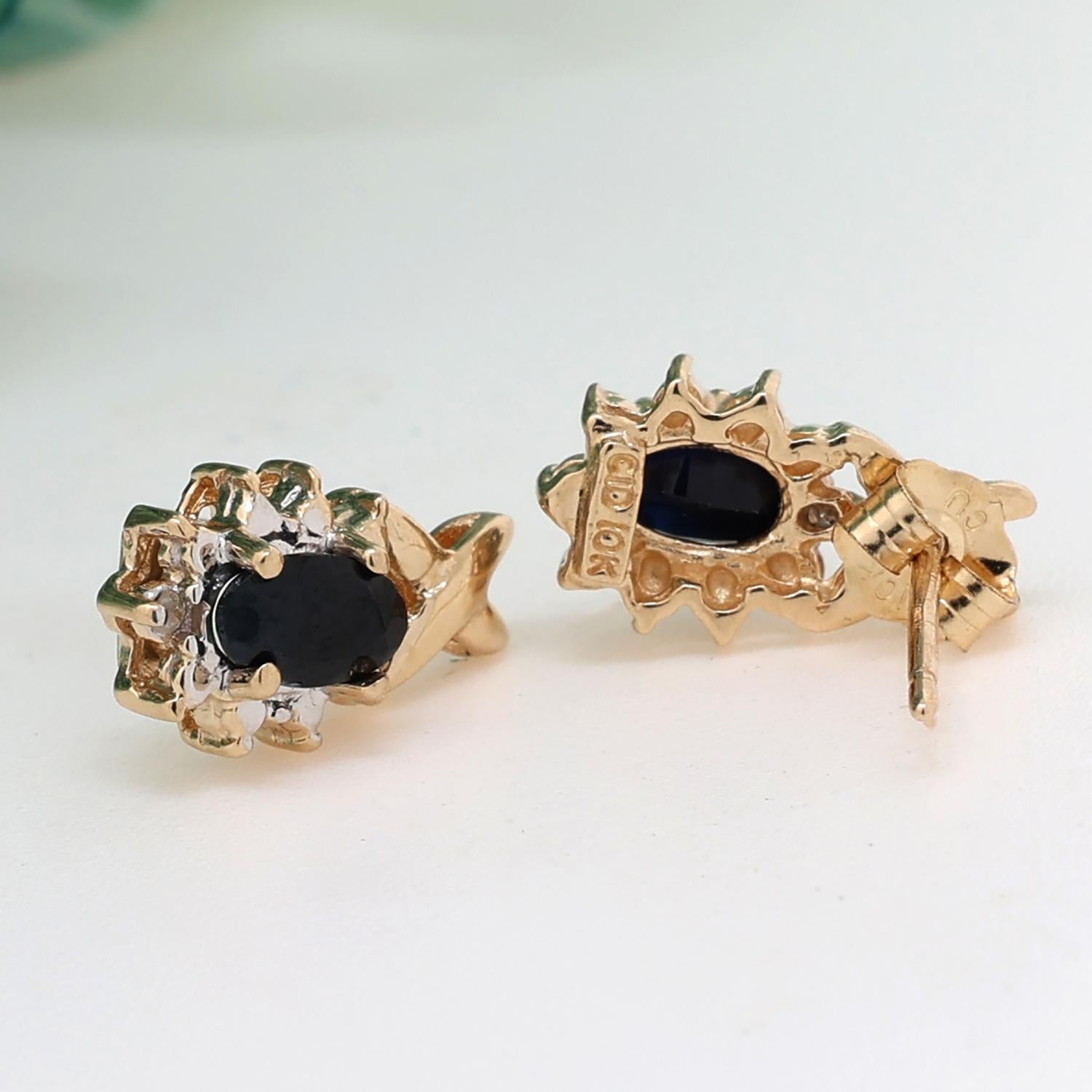 Oval Sapphire Halo Diamond Floral Earrings 10K Gold 0.60 CTW Ladies Estate