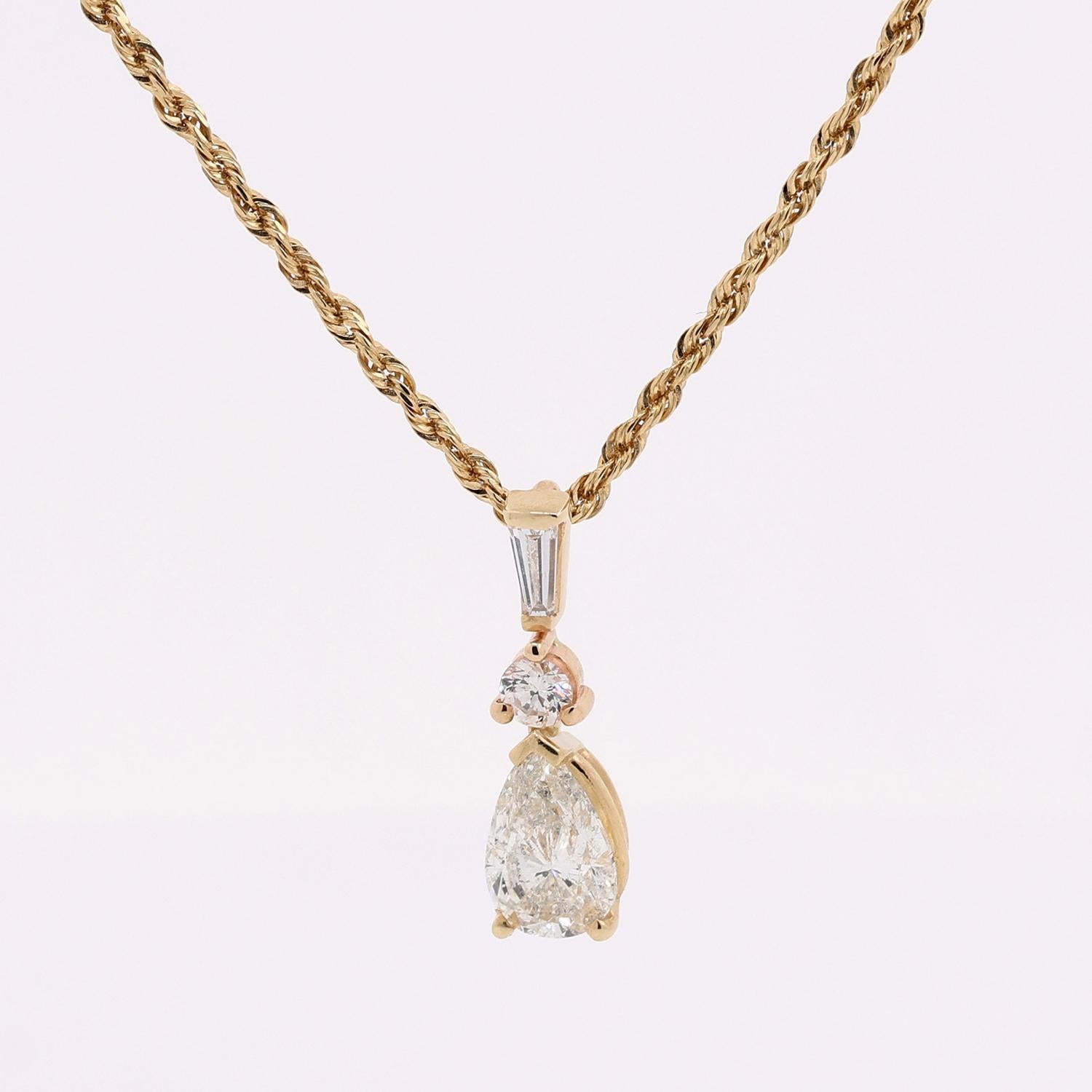 Pear Round Baguette Diamond Pendant 1.40 TW 14K Yellow Gold Chain 20" Estate