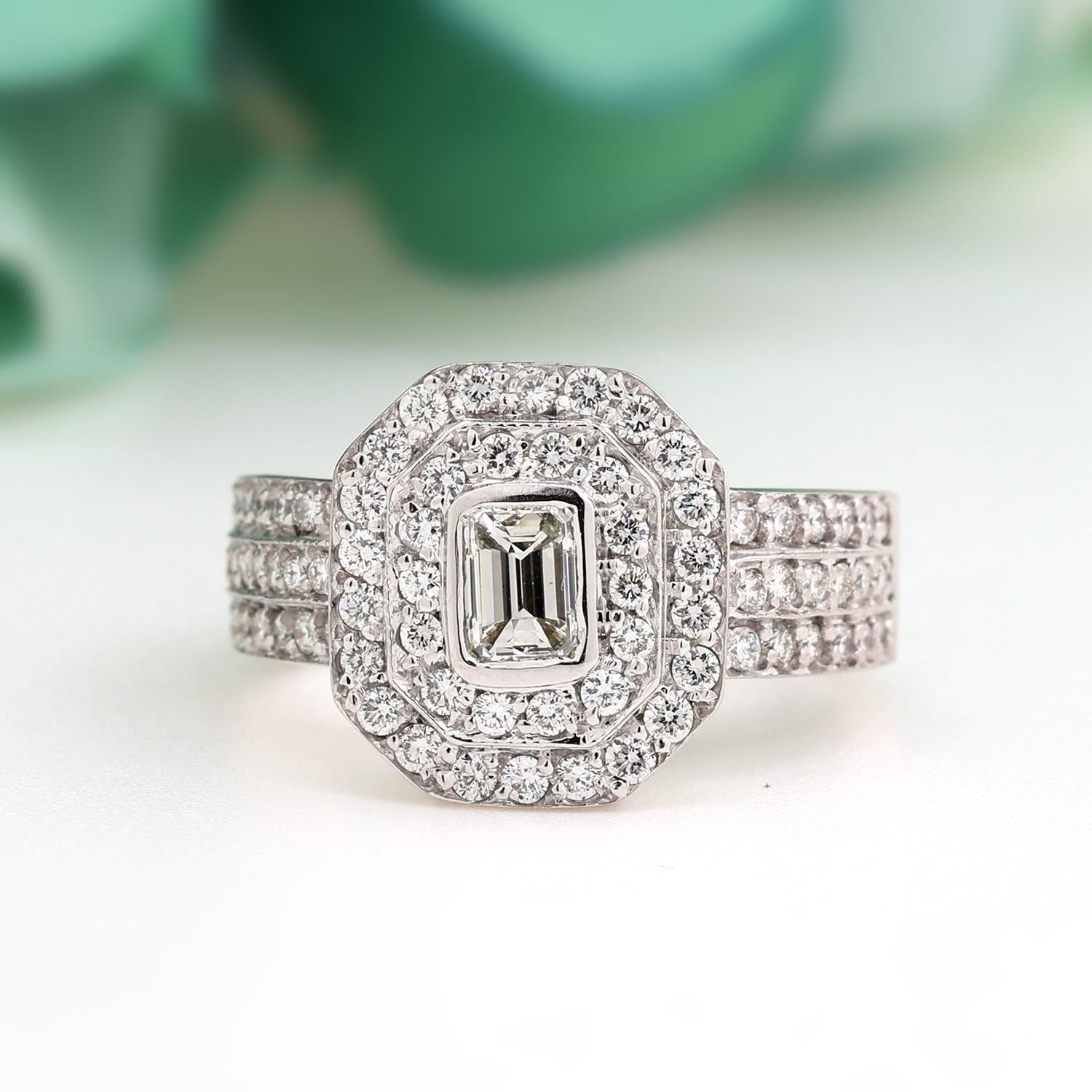 Emerald Cut Halo Diamond Engagement Ring 18K White Gold 1.90 TW Size 7.75