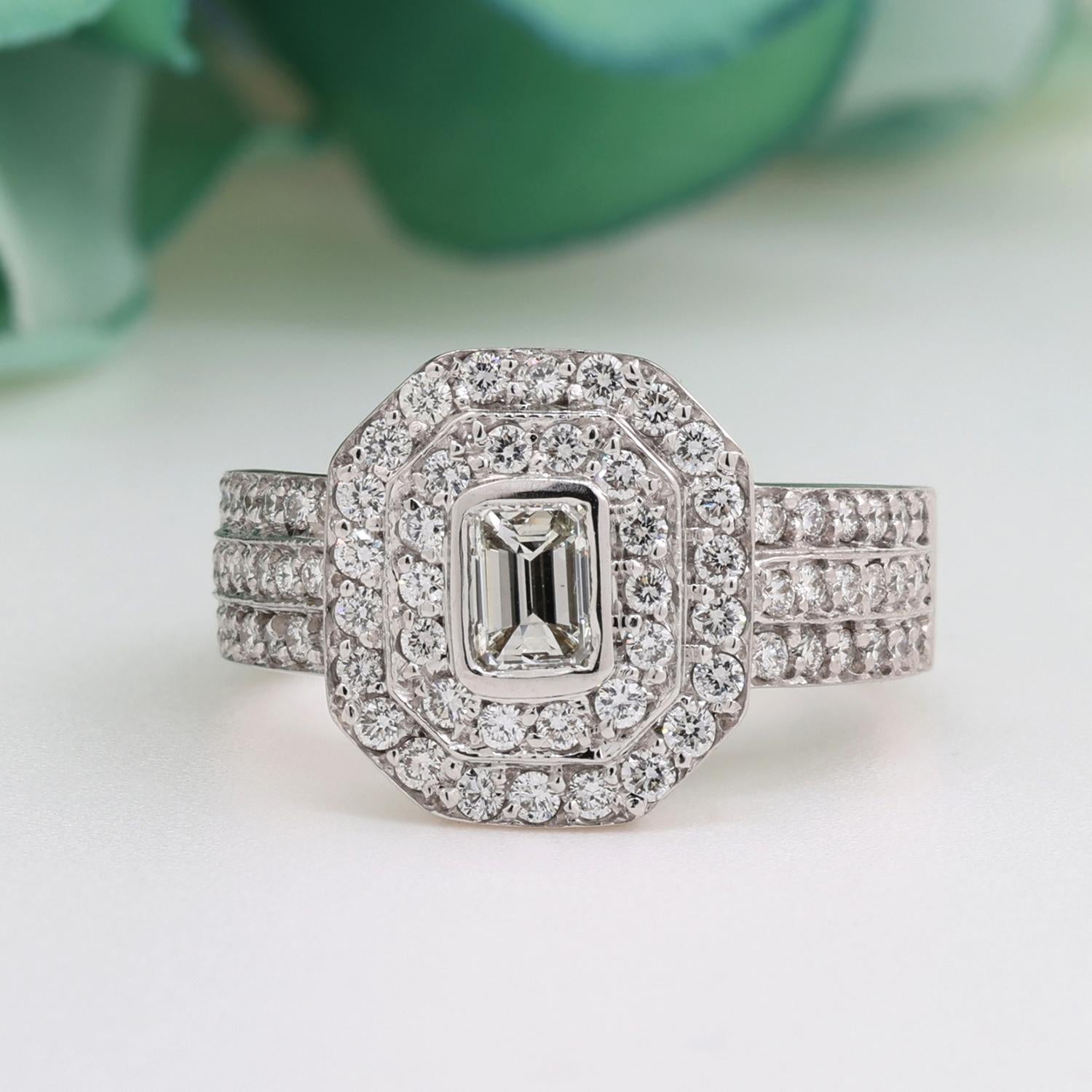 Emerald Cut Halo Diamond Engagement Ring 18K White Gold 1.90 TW Size 7.75