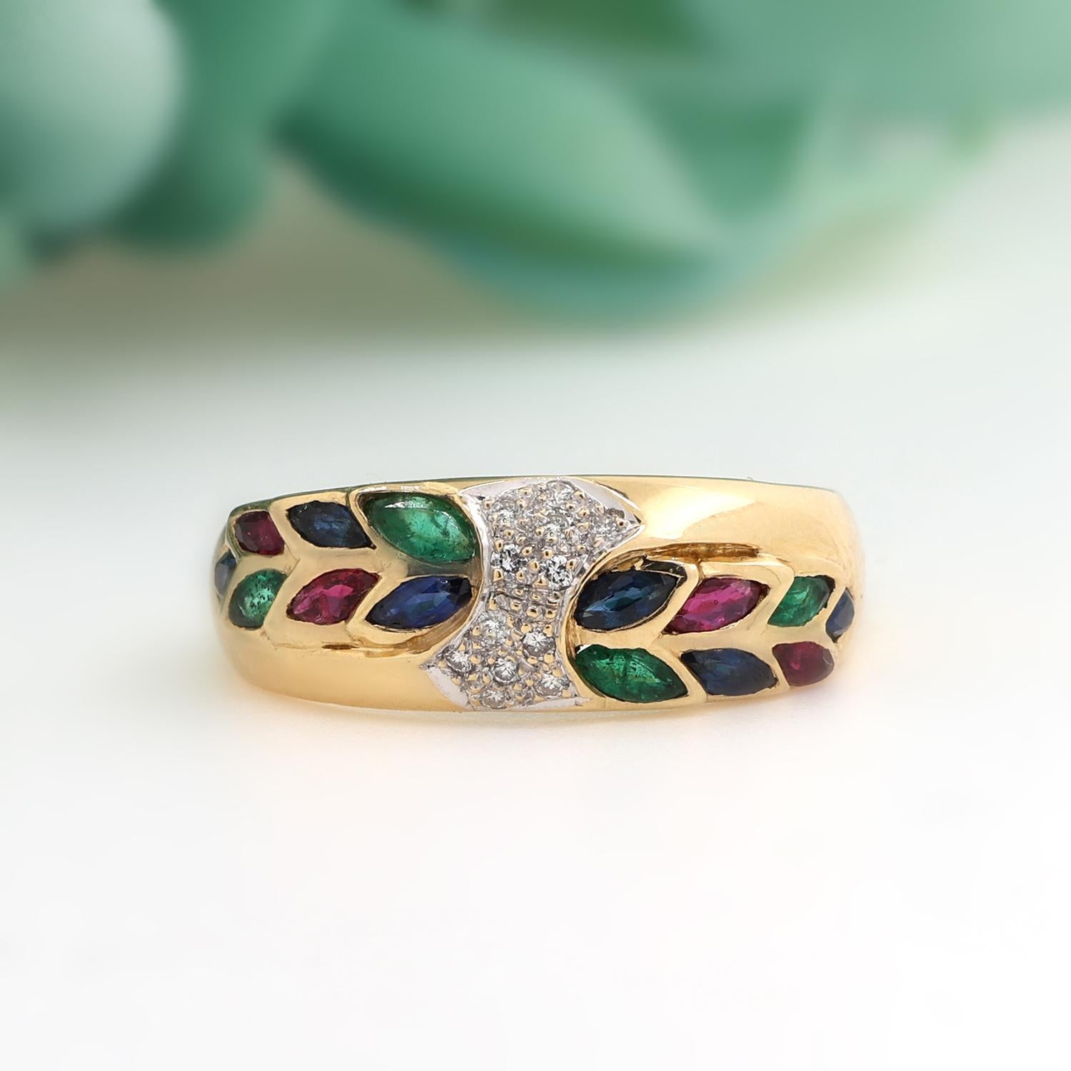 Kalati Diamond Multi-Colored Gemstone Ring 18K Yellow Gold 1.19 CTW Size 10.25