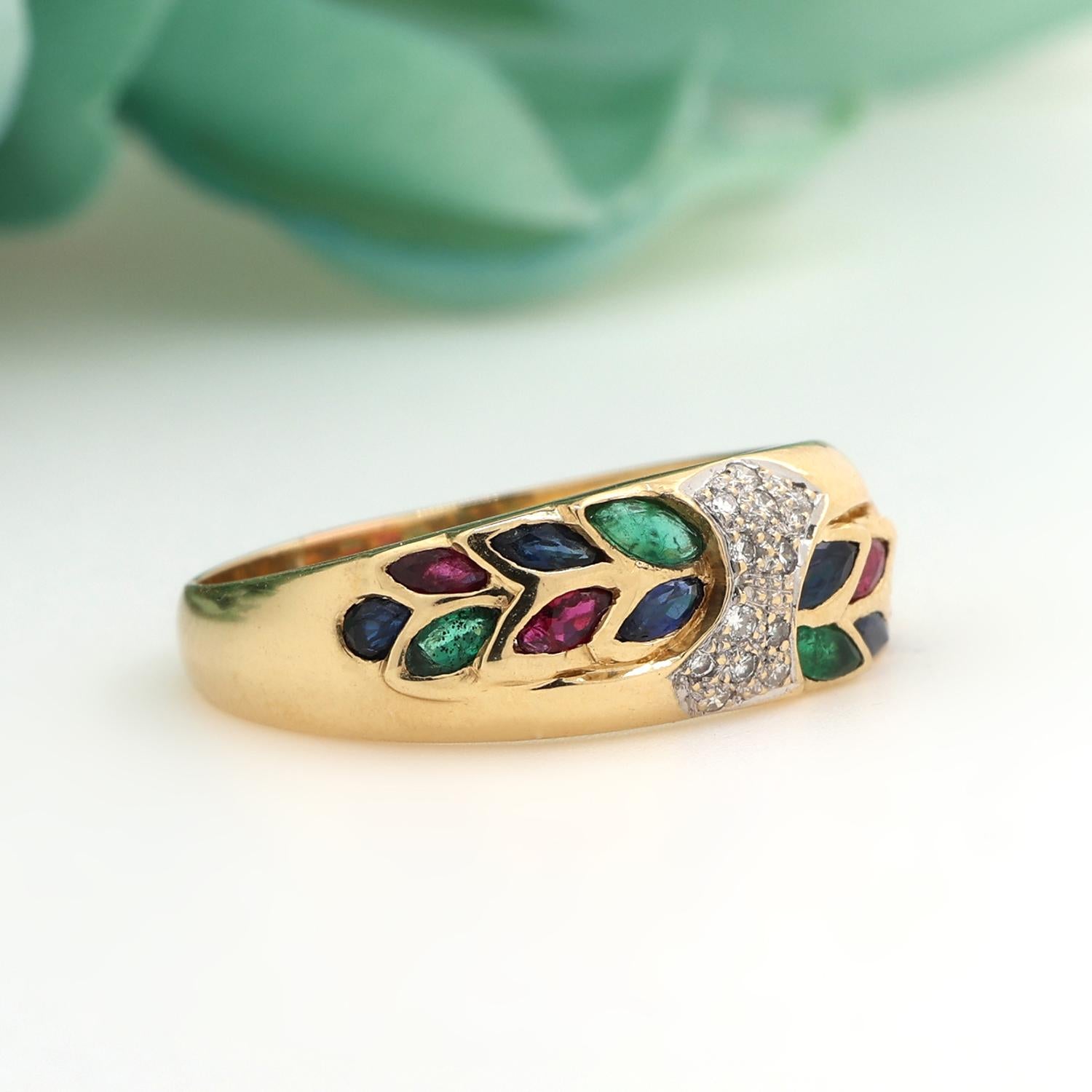 Kalati Diamond Multi-Colored Gemstone Ring 18K Yellow Gold 1.19 CTW Size 10.25