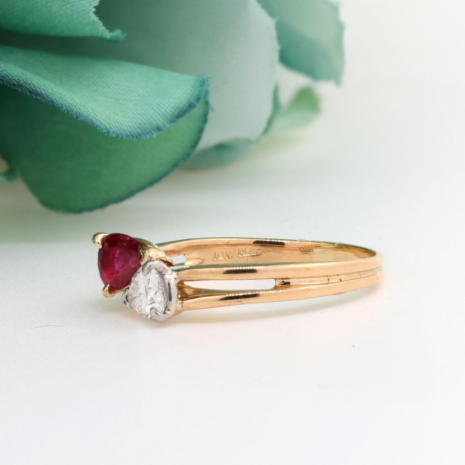 Pear Cut Ruby Diamond Bypass Ring 18K Yellow Gold Platinum 1.55 CTW Size 9