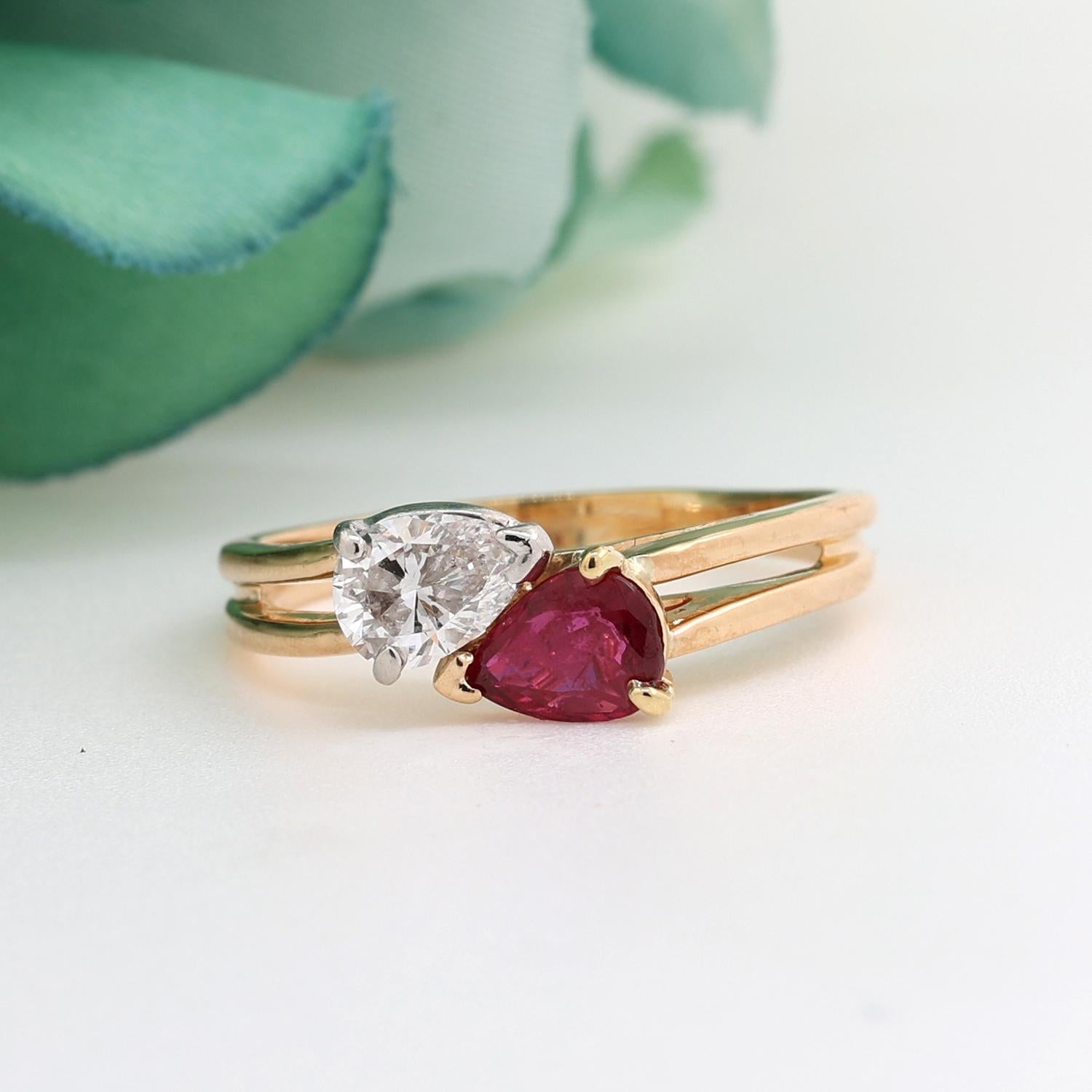 Pear Cut Ruby Diamond Bypass Ring 18K Yellow Gold Platinum 1.55 CTW Size 9